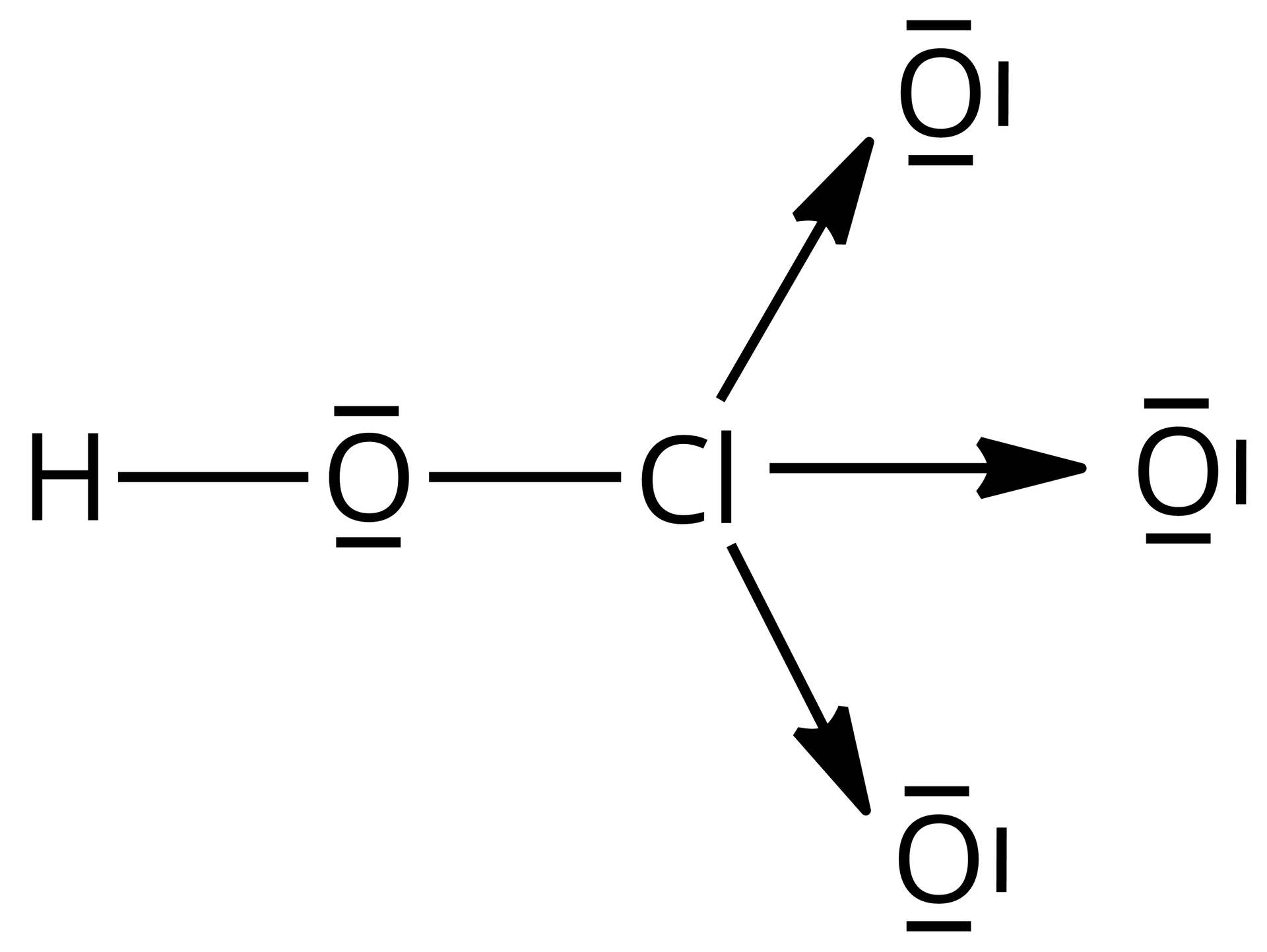 Na ilustracji jest wzór: atom chloru łączy się z czterema atomami tlenu. Trzy z nich maja po trzy kreski, jeden, który łączy się z atomem wodoru, ma dwie kreski.