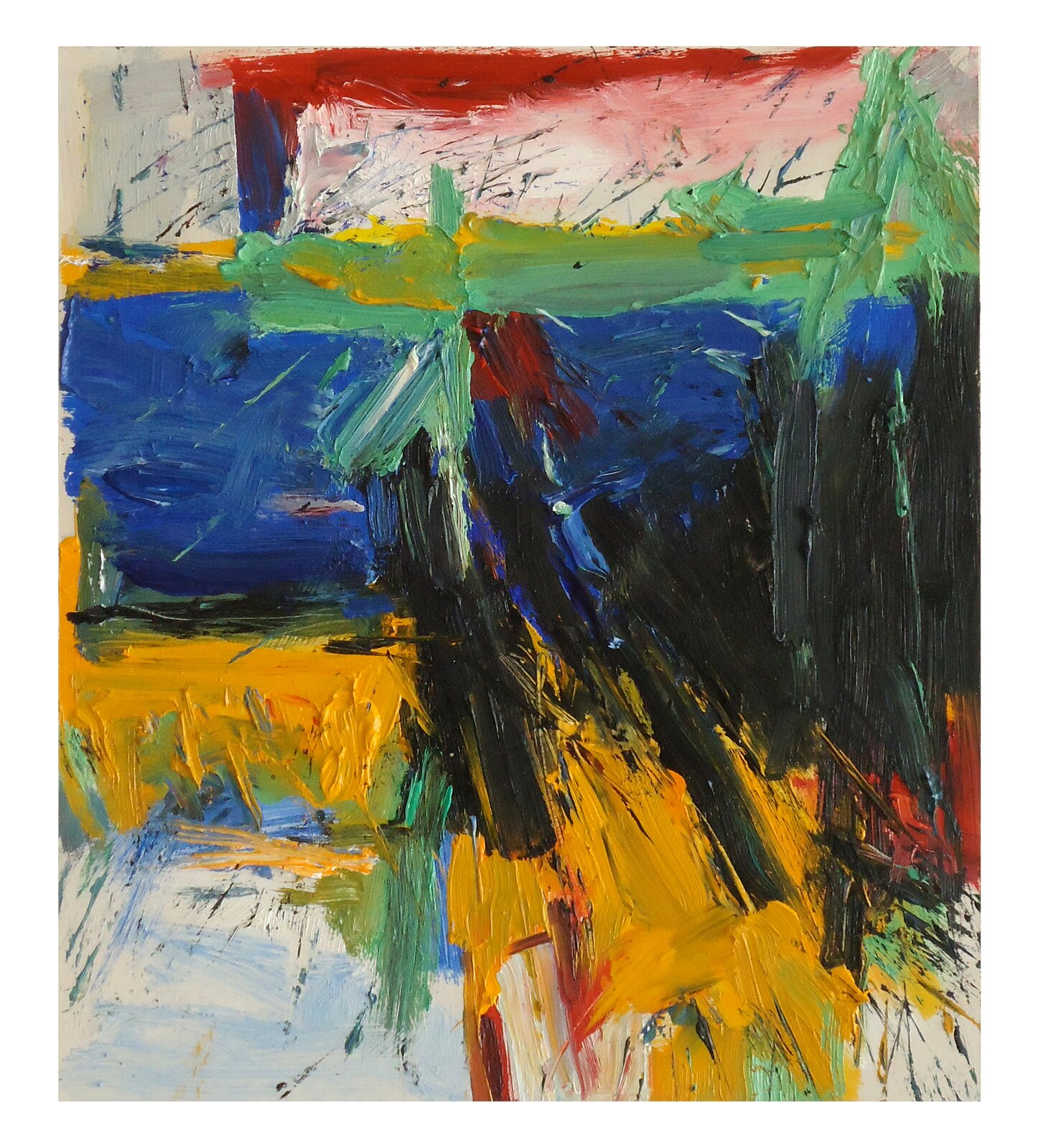 Obraz przedstawia abstrakcyjną pracę, na której farba została naniesiona grubymi warstwami na płótno. Farba nanoszona była pionowo, poziomo raz pod skosem. Na obrazie można wyróżnić kolory: biały, zielony, niebieski, żółty, czerwony oraz czarny.