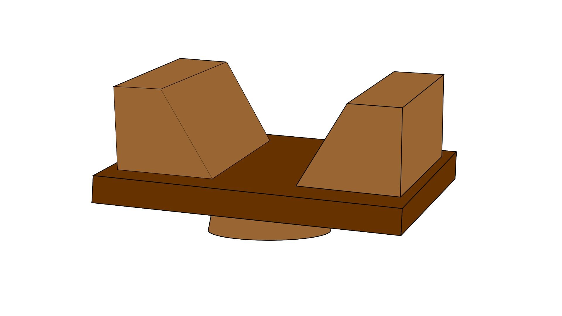 Rycina przedstawia platformę o okrągłej, płaskiej nóżce, na której spoczywa prostokątna podstawa. Na podstawie znajdują się dwa bloki w kształcie trapezu prostokątnego. Proste boki bloków znajdują się po zewnętrznych stronach. 