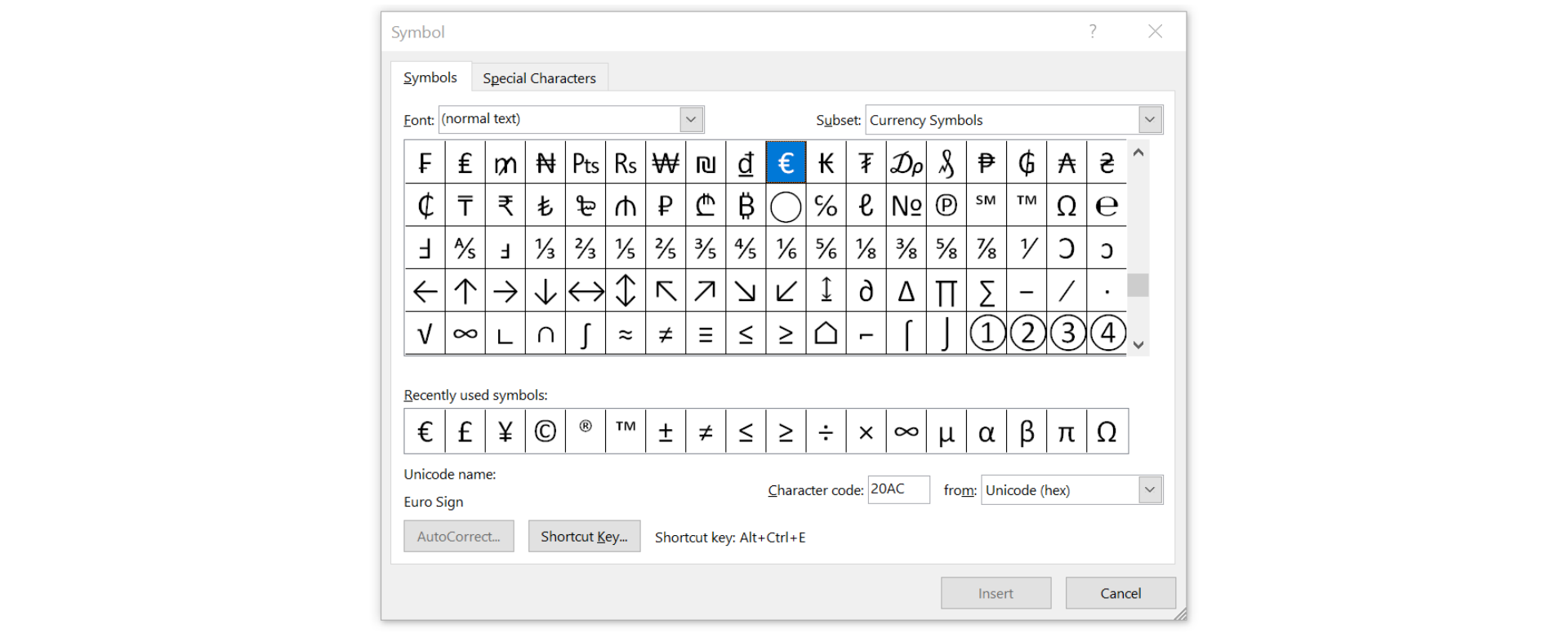 Zrzut z ekranu przedstawia formatką Symbol. Na górze znajdują się dwie listy rozwijane Font oraz Subset. Centralną i największą przestrzeń zajmuje tablica ze znakami (5 wierszy po 18 znaków). Są to znaki, których nie da się wpisać bezpośrednio za pomocą klawiatury, Np. ułamki zwykłe jedna trzecia, czy pięć szóstych, znaki walut: euro, funt brytyjski. Można tutaj znaleźć kolekcję strzałek skierowanych w dowolnym kierunku. Symbole matematyczne, np. pierwiastek, nieskończoność, suma, całka, znak różny od. Poniżej znajdują się symbole używane ostatnio – Recently used symbols. Niżej informacje na temat zaznaczonego symbolu – Unicode name. Wyświetlana jest jego nazwa (na rysunku Euro Sign), Character code (20AC) from (Unicode hex). Na dole formatki znajdują się dwa przyciski AutoCorrect... oraz Shortcut Key... Obok zapis skrótu klawiaturowego dotyczący zaznaczonego znaku: Shortcut Key: Alt+Ctrl+E