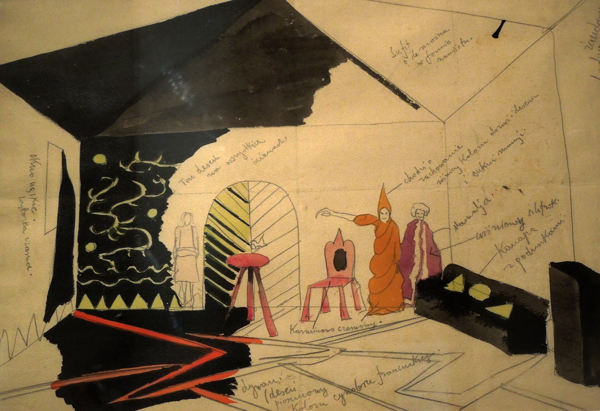 Rysunek przedstawia scenę i scenografię do przedstawienia. Na rysunku są liczne opisy.