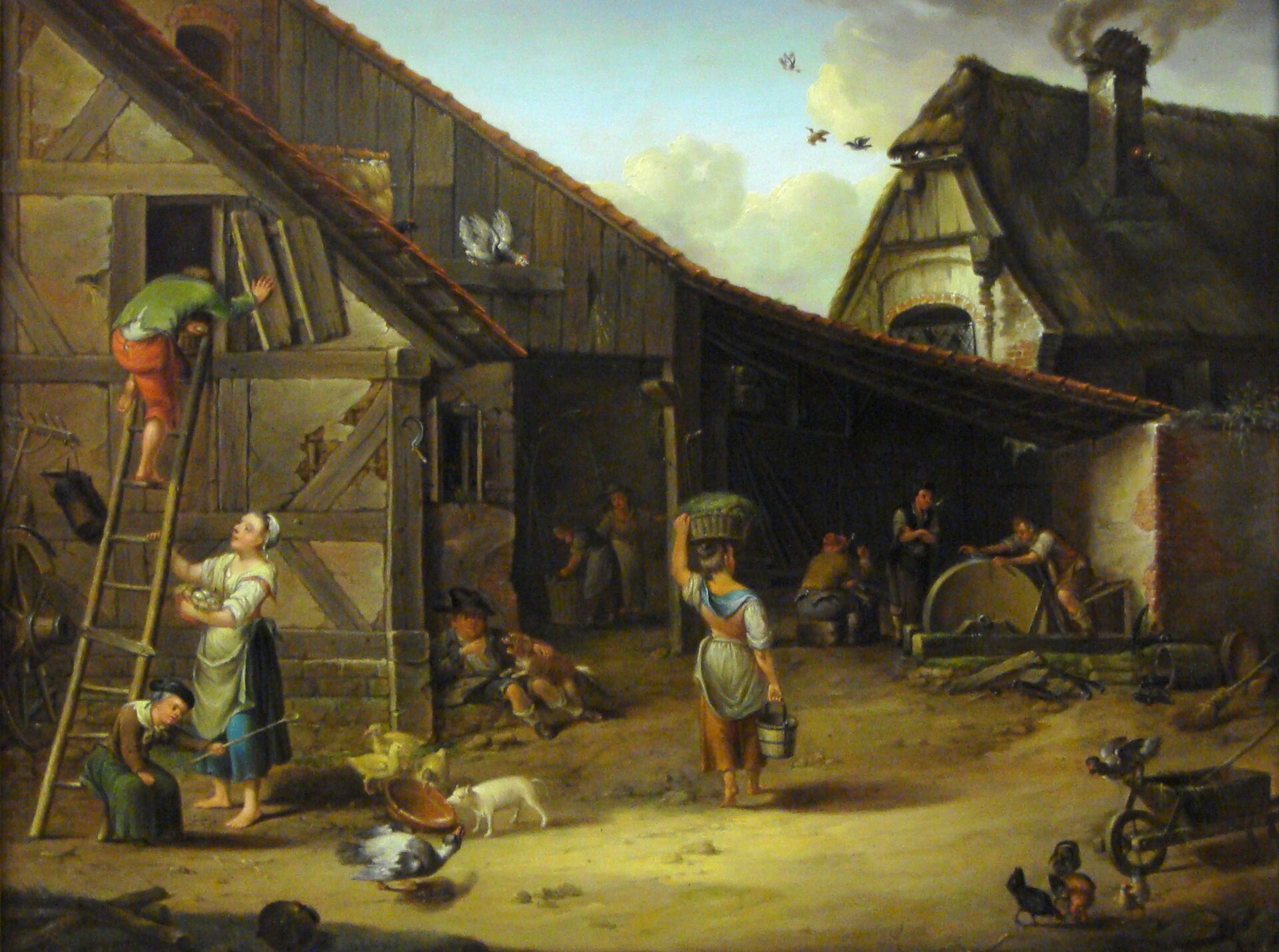 Obraz przedstawia budynki gospodarcze - ludzie wykonują różne czynności, pracują, po gospodarstwie biegają zwierzęta - ptactwo, świnie.  