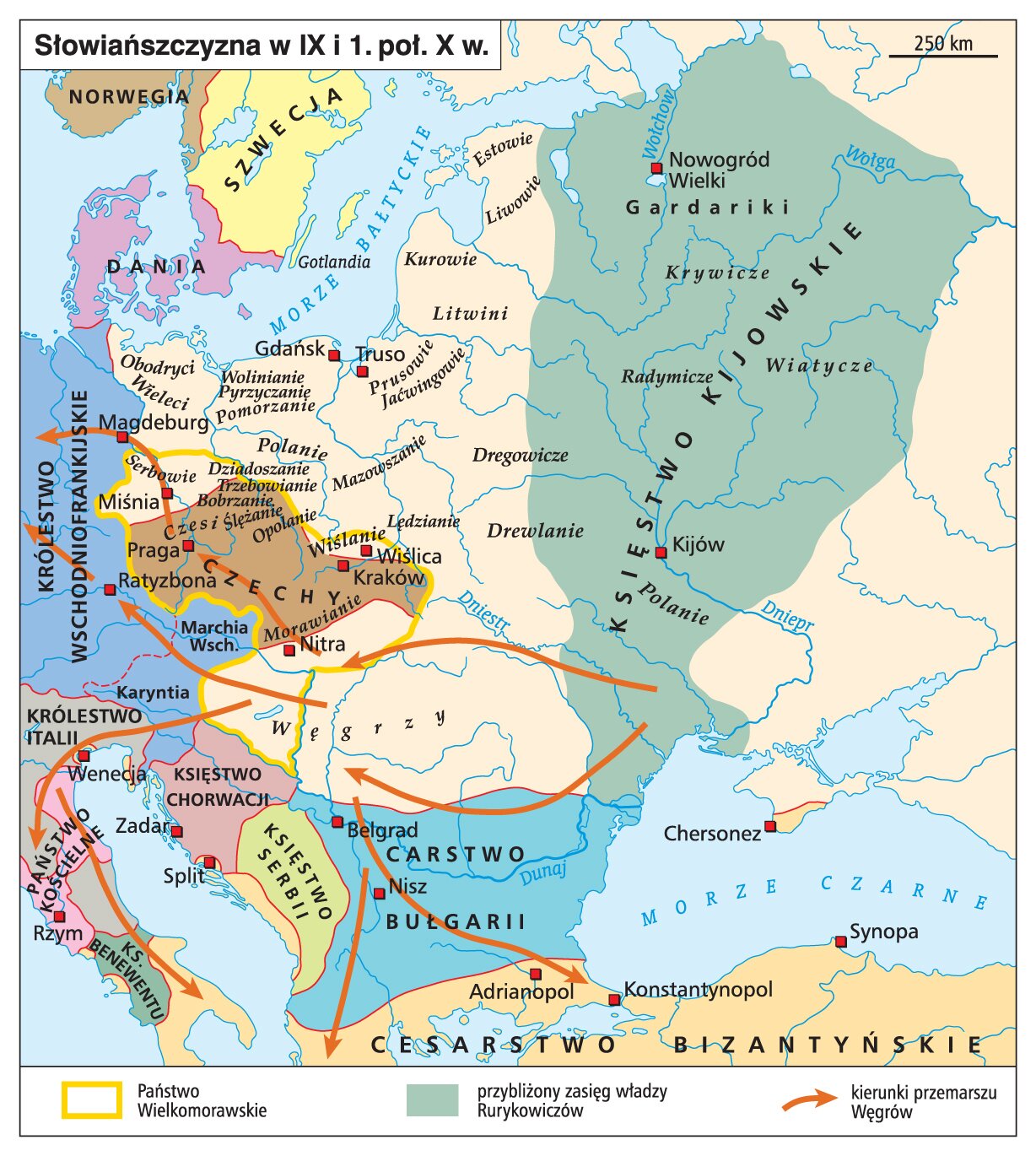 Mapa konturowa Europy przedstawia Słowiańszczyznę w IX i pierwszej połowie X wieku. Na mapie zaznaczono następujące państwa (patrząc od góry): Norwegię, Szwecję, Danię, Królestwo Wschodniofrankijskie z wyznaczoną Marchią Wschodnią oraz Karyntią, Czechy, Królestwo Italii, Państwo Kościelne, Księstwo Benewentu, Księstwo Chorwacji, Księstwo Serbii, Carstwo Bułgarii, Cesarstwo Bizantyjskie oraz Księstwo Kijowskie, które zarazem jest przybliżonym zasięgiem władzy Rurykowiczów. Obszar Księstwa Kijowskiego rozciąga się od północnych terenów dzisiejszej Rosji, wzdłuż rzeki Wołga, w dół w dorzeczu rzeki Dniepr, zwęża się i dociera do Morza Czarnego. Na jego terenie zaznaczono dwa miasta Nowogród Wielki (na północy) i Kijów (na południu). Pomiędzy Księstwem Kijowskim na wschodzie, a Królestwem Wschodniofrankijskim na zachodzie znajduje się obszar zamieszkiwany przez Estów, Liwów, Kurów i Litwinów (dzisiejsze kraje nadbałtyckie), Prusowie, Jaćwingowie (wschodnie wybrzeże Morza Bałtyckiego), Wolinian, Pyrzyczanian, Pomorzan (środkowe wybrzeże Morza Bałtyckiego), Oborytów, Wieletów (zachodnie wybrzeże Morza Bałtyckiego), Polan i Mazowszan (centralna część dzisiejszej Polski), Dregowiczów i Drewlan (wschodnie rubieże na granicy z Królestwem Kijowskim), Lędzian i Wiślan (południowa część Polski z miastem Wiślica obok Karkowa). Kraków należał już do Państwa Wielkomorawskiego, na którego terenie leżały Czechy i zamieszkiwali ten teren Morawianie, Opolanie, Ślężanie, Czesi, Bobrzanie, Trzebowianie, Dziadoszanie i Serbowie. Większe miasto Państwa Wielkomorawskiego to oprócz Karkowa, Praga. Na mapie zaznaczono także kierunki przemarszu Węgrów. Zaczynają się przy ujściu Dniestru do Morza Czarnego i z tych terenów rozpoczynają ekspansje na zachód (teren Węgier), a potem rozchodzą się na północy‑zachód w stronę Czech przez Pragę i dalej przez Miśnię do Magdeburga w Królestwie Wschodniofrankijskim, na zachód przez Marchię Wschodnią do Ratyzbony w Królestwie Wschodniofrankijskim, na południowy‑zachód przez Wenecję w Królestwa Italii, do Rzymu w Państwie Kościelnym i dalej na południe Półwyspu Apenińskiego oraz na południe przez Belgrad i Nisz w Cesarstwie Bułgarii przez Adrianopol do Konstantynopola w Cesarstwie Bizantyjskim.