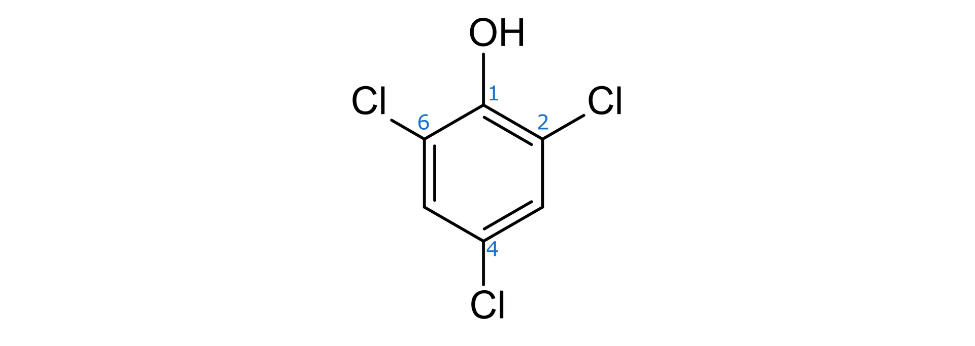 Na ilustracji wzór: sześcioczłonowy pierścień z trzema wiązaniami podwójnymi. Pierwszy atom węgla, na górze pierścienia, łączy się z grupą O H, drugi, czwarty i szósty atom węgla z atomem chloru - każdy z nich. 