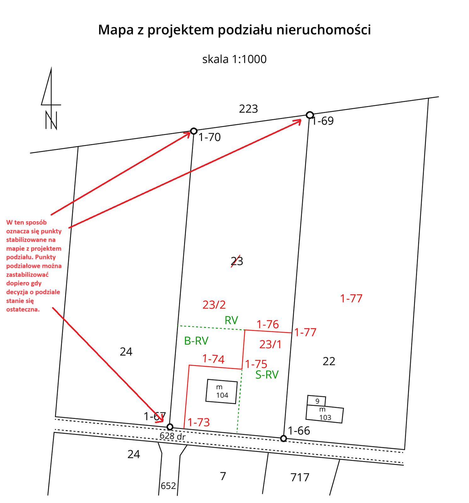 Grafika przedstawia mapę z projektem podziału nieruchomości w skali jeden do tysiąca. Widać linie oddzielające nieruchomości, obok linii widać wymiary. 