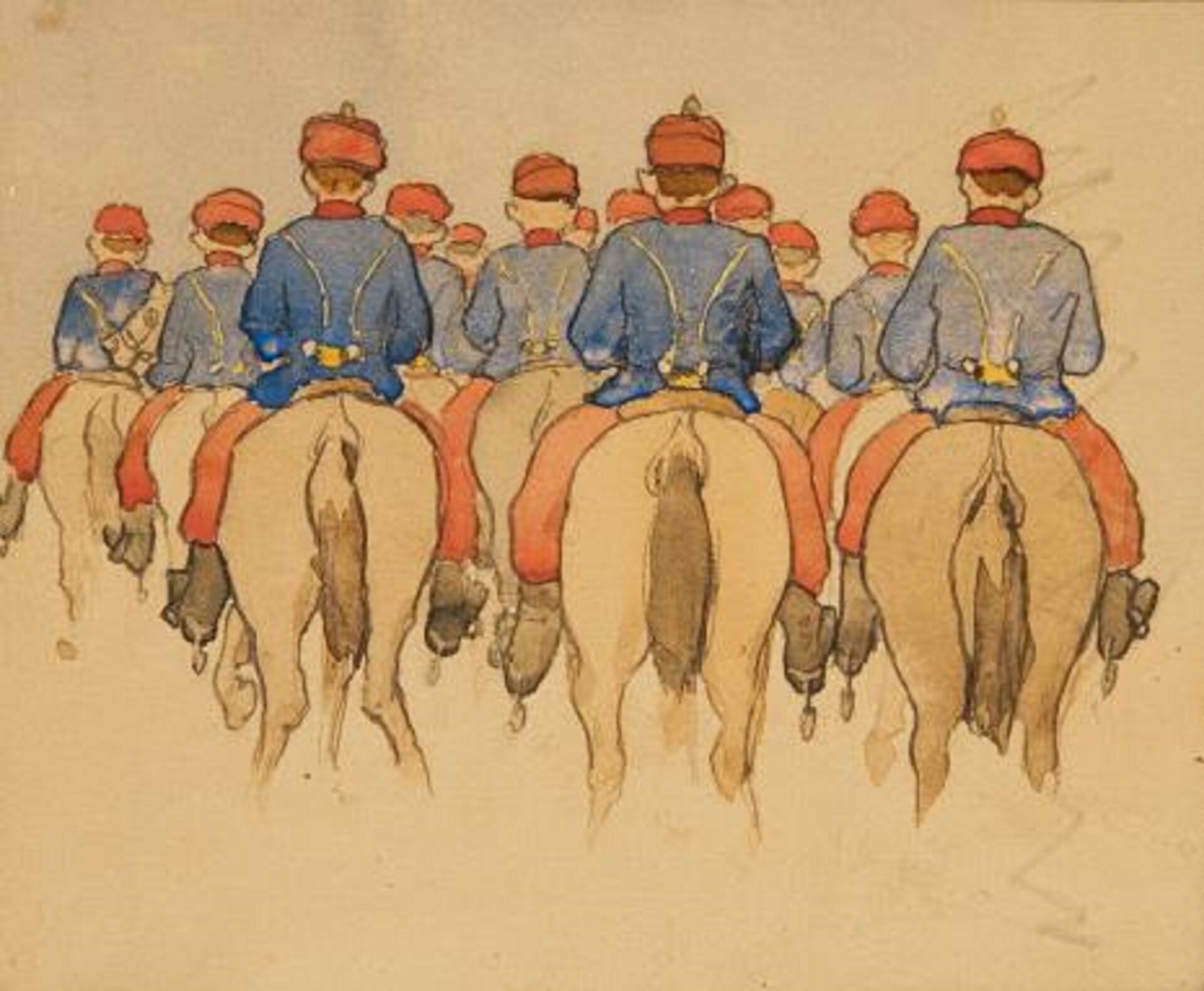 Ilustracja przedstawia obraz „Escadron Schritt” autorstwa Artura Grottgera. W centrum akwareli, na beżowym tle papieru, znajduje się grupa jeźdźców na koniach. Żołnierze ukazani są tyłem. Artysta namalował jedynie ich plecy oraz zady koni, na których siedzą. Wszyscy mężczyźni ubrani są w takie same niebieskie kurtki, czerwone spodnie i czapki. Ustawieni są w kilku rzędach. Kompozycja akwareli jest zamknięta, centralna – najważniejsze jej elementy znalazły się w centrum obrazu.