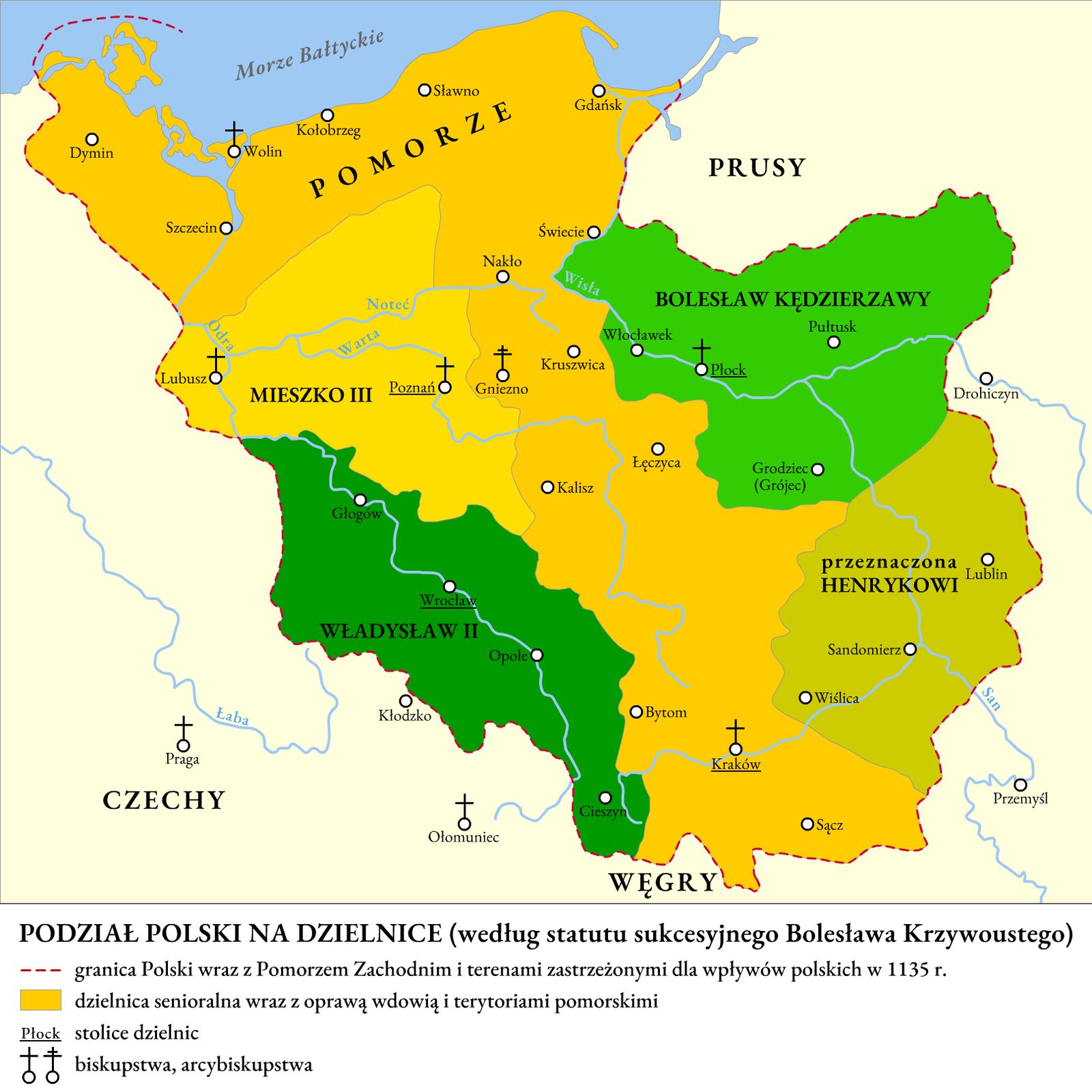 Mapa przedstawia podział ziem państwa polskiego w wyniku testamentu, inaczej statutu Bolesława Krzywoustego. W jego wyniku ziemie zostały podzielone między jego synów. Zaznaczone zostały dzielnice wyznaczone dla poszczególnych synów oraz biegnąca przez środek kraju dzielnica senioralna z Gdańskiem, Szczecinem, Kaliszem i Krakowem. Obszar na północnym wschodzie kraju, z Włocławkiem i Płockiem, przydzielony został Bolesławowi Kędzierzawmu. Obszar na północnym zachodzie, z Poznaniem i Lubuszem - Mieszkowi trzeciemu. Obszar na południowym zachodzie, z Wrocławiem i Opolem - Władysławowi drugiemu. Obszar na południowym wschodzie, z Lublinem i Sandomierzem - Henrykowi. Ponadto zaznaczona została ziemia łęczycka jako oprawa wdowia dla księżnej wdowy po Bolesławie. Tytuł mapy: Podział Polski na dzielnice (według statusu sukcesyjnego Bolesława Krzywoustego).