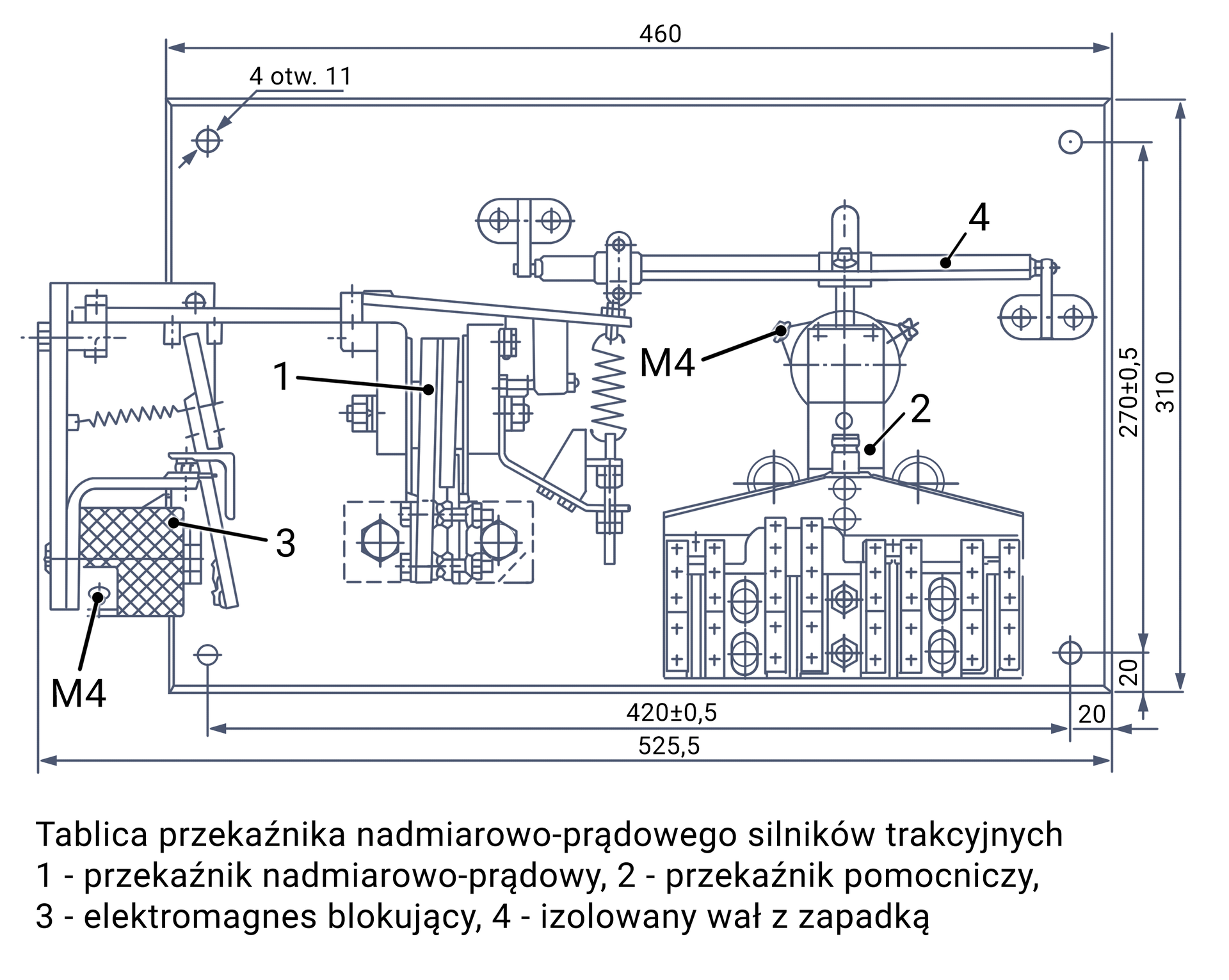Ilustracja przedstawia rysunek techniczny tablicy przekaźnika nadmiarowo ukośnik prądowego silników trakcyjnych. Na rysunku zostały ponumerowane cztery elementy. 1 przekaźnik nadmiarowo prądowy. 2 przekaźnik pomocniczy. 3 elektromagnes blokujący. 4 izolowany wał z zapadką. Otwory znajdujące się na elektromagnesie oraz przekaźniku pomocniczym zostały oznaczone jako EM 4.