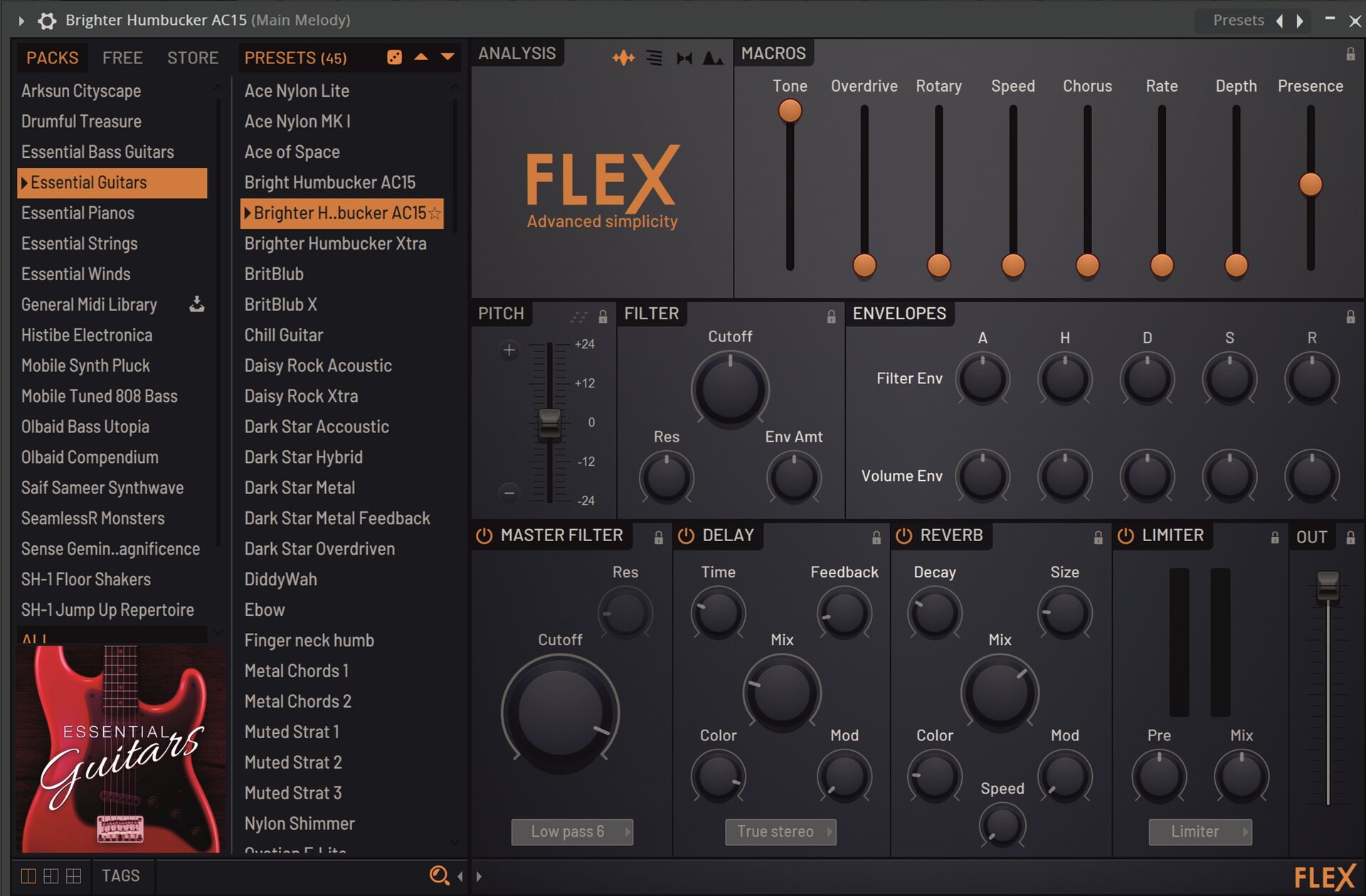 Z lewej strony na szarej stronie programu zostały umieszczone, kolejno po sobie nazwy utworów oraz zdjęcie czerwono‑czarnej gitary elektrycznej na której znajduje się napis „ESSENTIAL Guitars”. W górnej środkowej części strony znajduje się kwadrat z pomarańczowym napisem „FLEX Advanced simplicity”. Obok zostały umieszczone czarno‑pomarańczowe suwaki z napisem „Tone”, „Overdrive”, „Rotary”, „Speed”, „Chorus”, „Rate”, „Depth”, „Presence”. W dolnej części zostały umieszczone pokrętła i suwaki z oznaczeniami. 