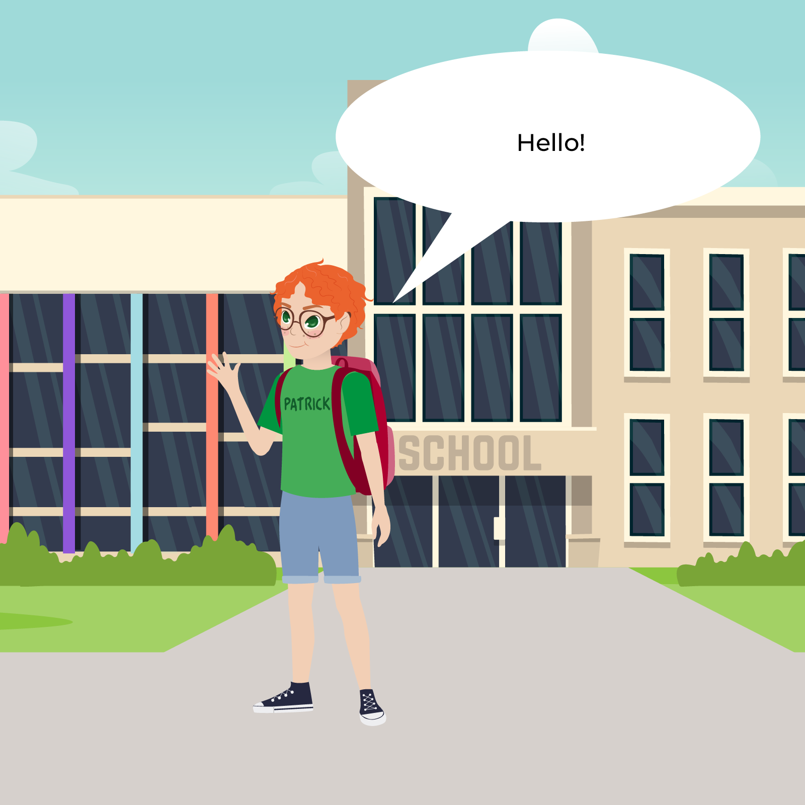 Na ilustracji widzimy duży budynek szkolny, przed którym stoi rudowłosy chłopiec w zielonej koszulce i krótkich spodenkach i wypowiada słowo  Hello. 