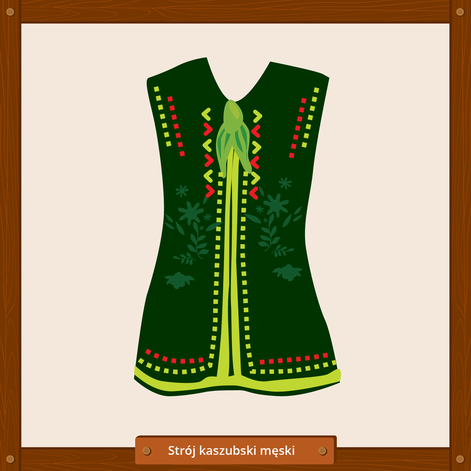 Ilustracja przedstawia element stroju kaszubskiego męskiego, jakim jest zielona kamizelka w kwiatowy wzór z ozdobnym haftem.