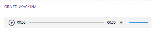Grafika przedstawia panel odtwarzacza. Jest to podłużny, szary pasek z ikonami włączenia odtwarzacza, długością nagrania, ikoną głośnika oraz paskiem głośności. 