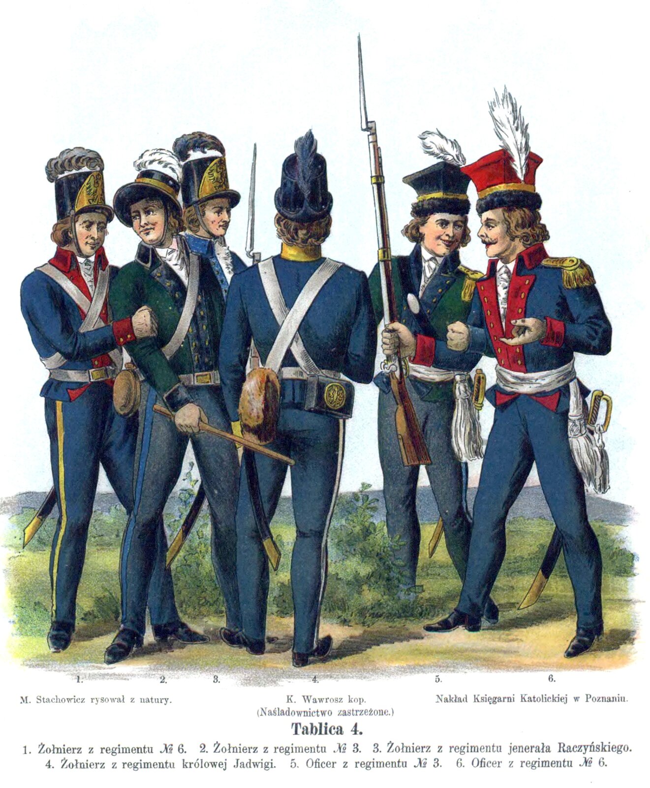 Kliknij, aby powiększyć Na rysunku 6 żołnierzy. Trzech z lewej, dwóch z prawej. Jeden po środku, jest odwrócony plecami. Pierwszy żołnierz po prawej ma wysoką czapkę z piórem. Niebieski mundur z czerwonym kołnierzem i materiałem wokół guzików. Żołnierz ma naramiennik z frędzlami oraz pas materiału wokół bioder. Przy boku szabla, a w dłoni karabin z bagnetem. Mężczyzna został podpisany „oficer z regimentu”. Obok podobnie ubrany żołnierz, ale bez czerwonych elementów i broni palnej, który został podpisany „oficer z regimentu”. Żołnierz odwrócony tyłem ma pasy od lewego ramienia do prawego biodra oraz na z prawego ramienia na lewe biodro, który został podpisany „żołnierz z regimentu królowej Jadwigi”. Podobnie pierwszy żołnierz z lewej strony, podpisany „żołnierz z regimentu”. Środkowy żołnierz po lewej trzyma w dłoni kij (podpisany „żołnierz z regimentu”), a ostatni żołnierz po lewej trzyma karabin z bagnetem (podpisany „żołnierz z regimentu jenerała Raczyńskiego”). Pod ilustracją tekst z podpisami żołnierzy.