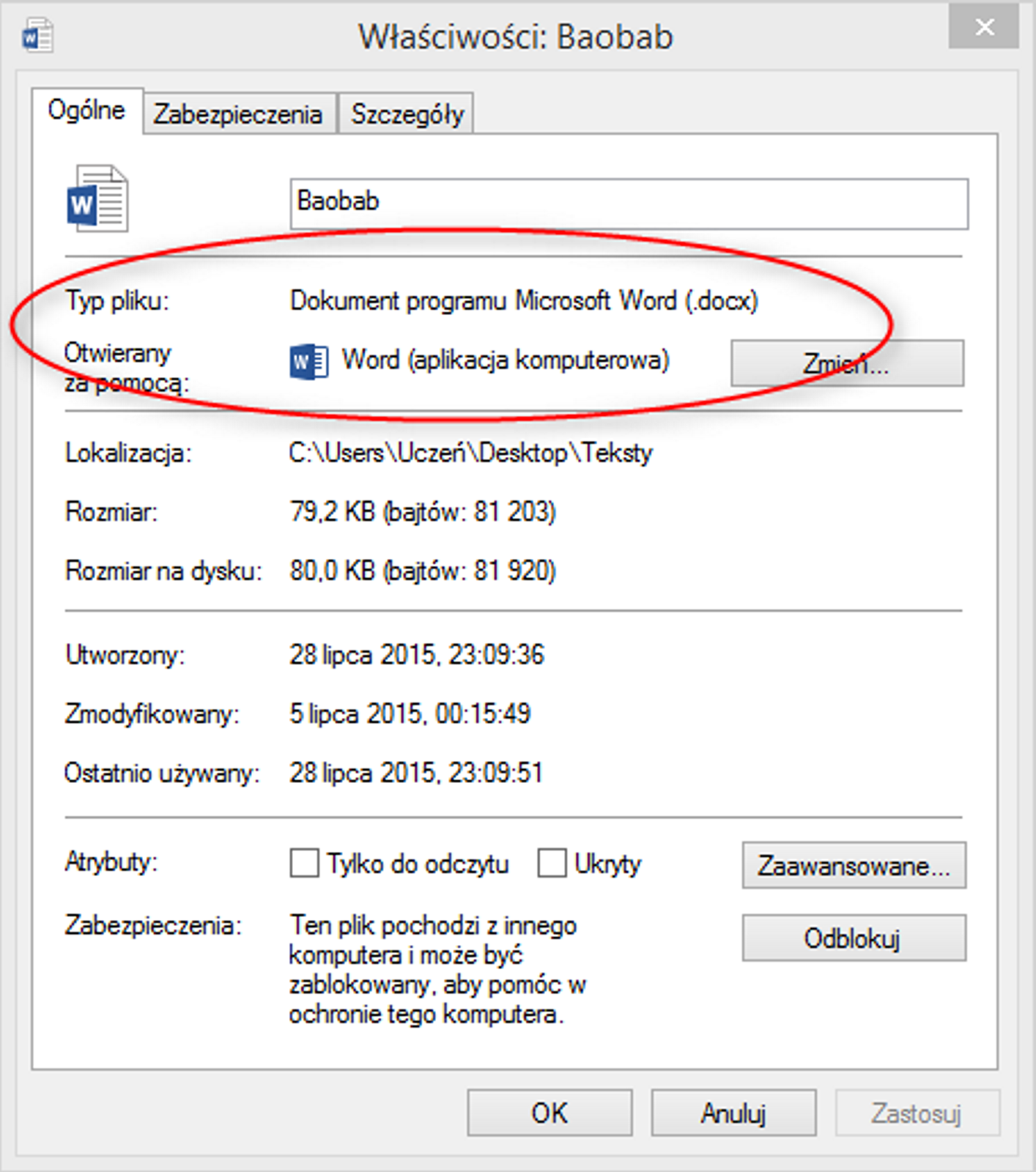 Zrzut okna: Właściwości w programie MS Word