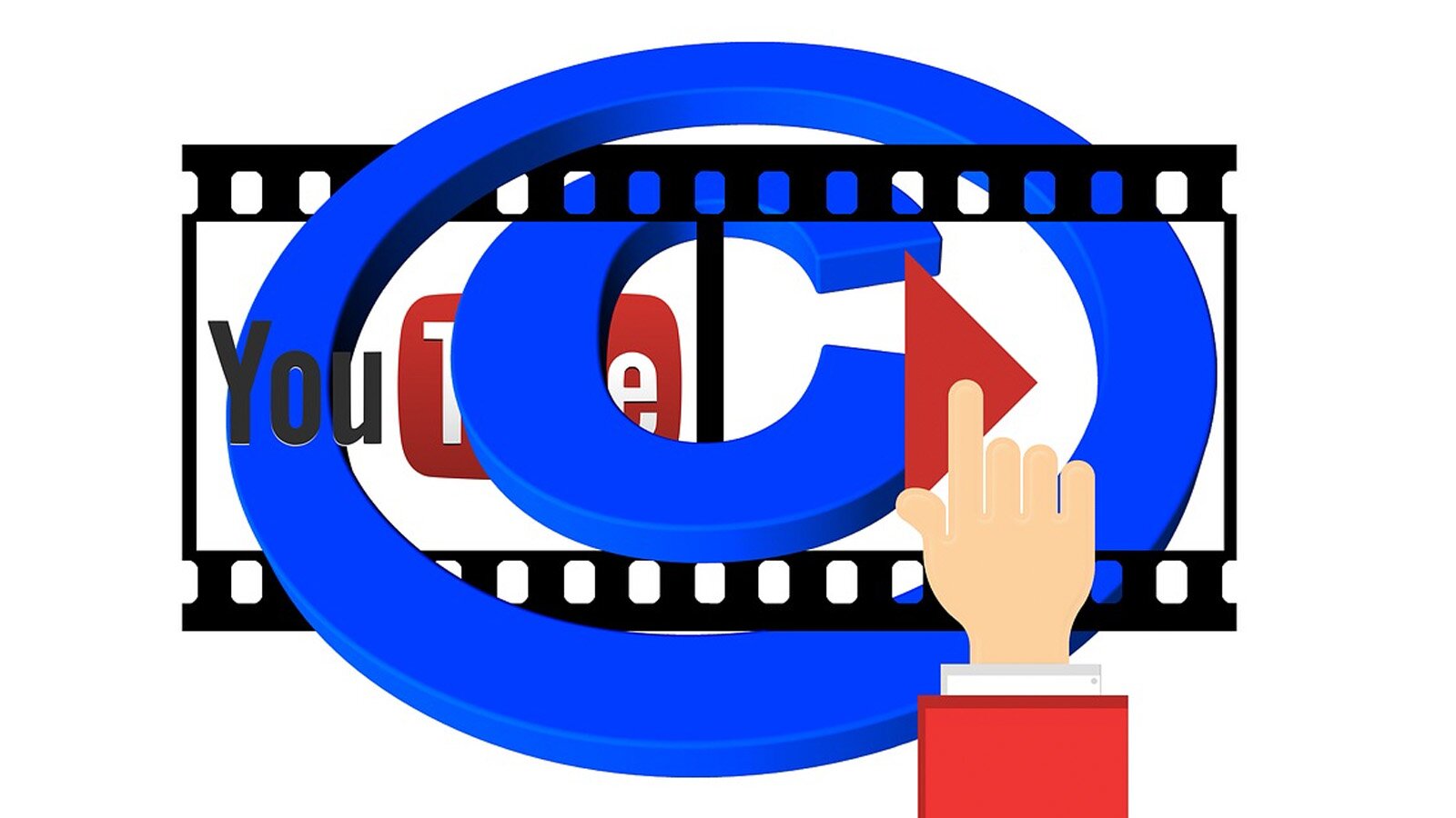 Grafika przedstawia logo YouTube, umieszczone w ramce przypominającej klatki taśmy filmowej. Obok logo jest symbol PLAY, czyli wypełniona strzałka, trójkąt skierowany wierzchołkiem w prawo. Do znaku PLAY jest dołożona ręka z wyciągniętym palcem wskazującym. Na całą grafikę naniesiony jest granatowy symbol praw autorskich – litera C otoczona okręgiem.