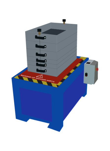 Schematyczna grafika poglądowa ukazująca od frontu laboratoryjny sortownik zrębków. Dolna część sortownika stanowi solidną podstawę maszyny wraz z przymocowanym do niej programatorem. Na nim znajduje się czarno żółta taśma ostrzegawcza oraz biały napis na czerwonym tle, brzmiący: Beware of moving parts. Na środku podstawy maszyny znajduje się sześć ułożonych pionowo szuflad z rączkami uchwytowymi z przodu każdej z nich.