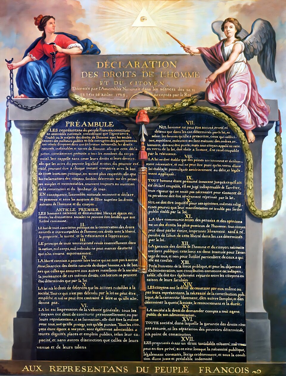 Ilustracja przedstawia deklarację praw człowieka i obywatela. Deklaracja ma formę zbliżoną do Dekalogu, zawiera preambułę i XVII artykułów. Kobieta‑Anioł ze skrzydłami ubrana w szatę, wskaźnikiem pokazuje, że prawa zapisane w Deklaracji pochodzą od Boga. Druga kobieta, która  ma ubiór w kolorach rewolucji francuskiej, trzyma w dłoni zerwane kajdany, łańcuch. 