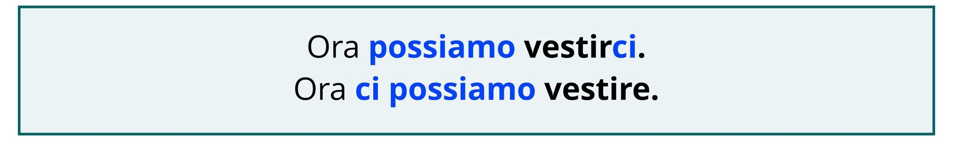 Ilustracja przedstawia dwa równoważne zdania: Ora possiamo vestirci. Ora ci possiamo vestire.