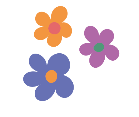 Ilustracja przedstawia narysowane trzy kolorowe kwiatki na białym tle.
