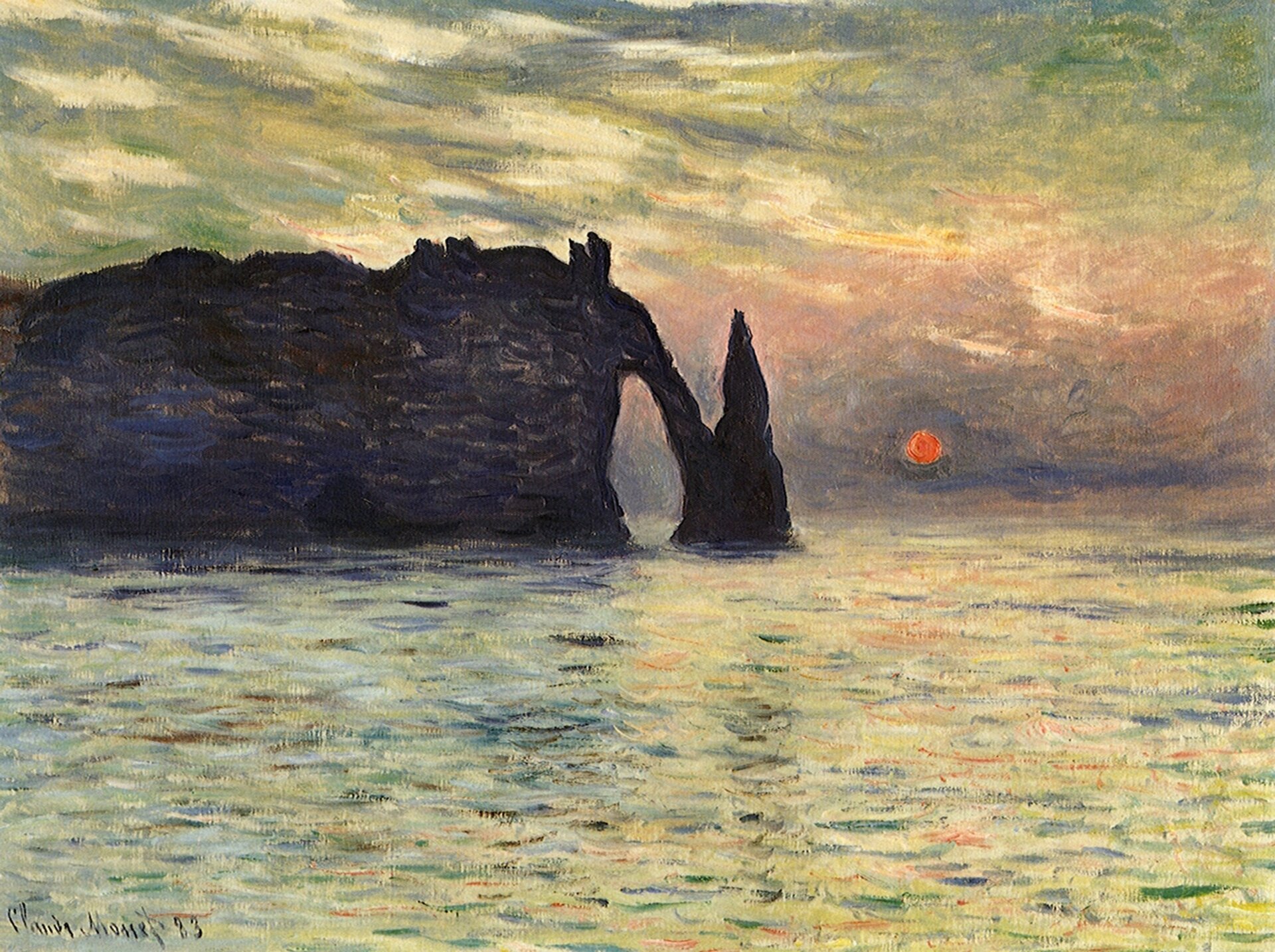 Ilustracja przedstawia obraz Claude Moneta pt. „Klif w Etretat. Zachód słońca”. Dzieło ukazuje wysunięty w morze zacieniony klif. Obok klifu widać zachodzące ku horyzontowi słońce. Niebo i morze przedstawione są w odcieniach szarości, a granica między nimi jest zatarta.