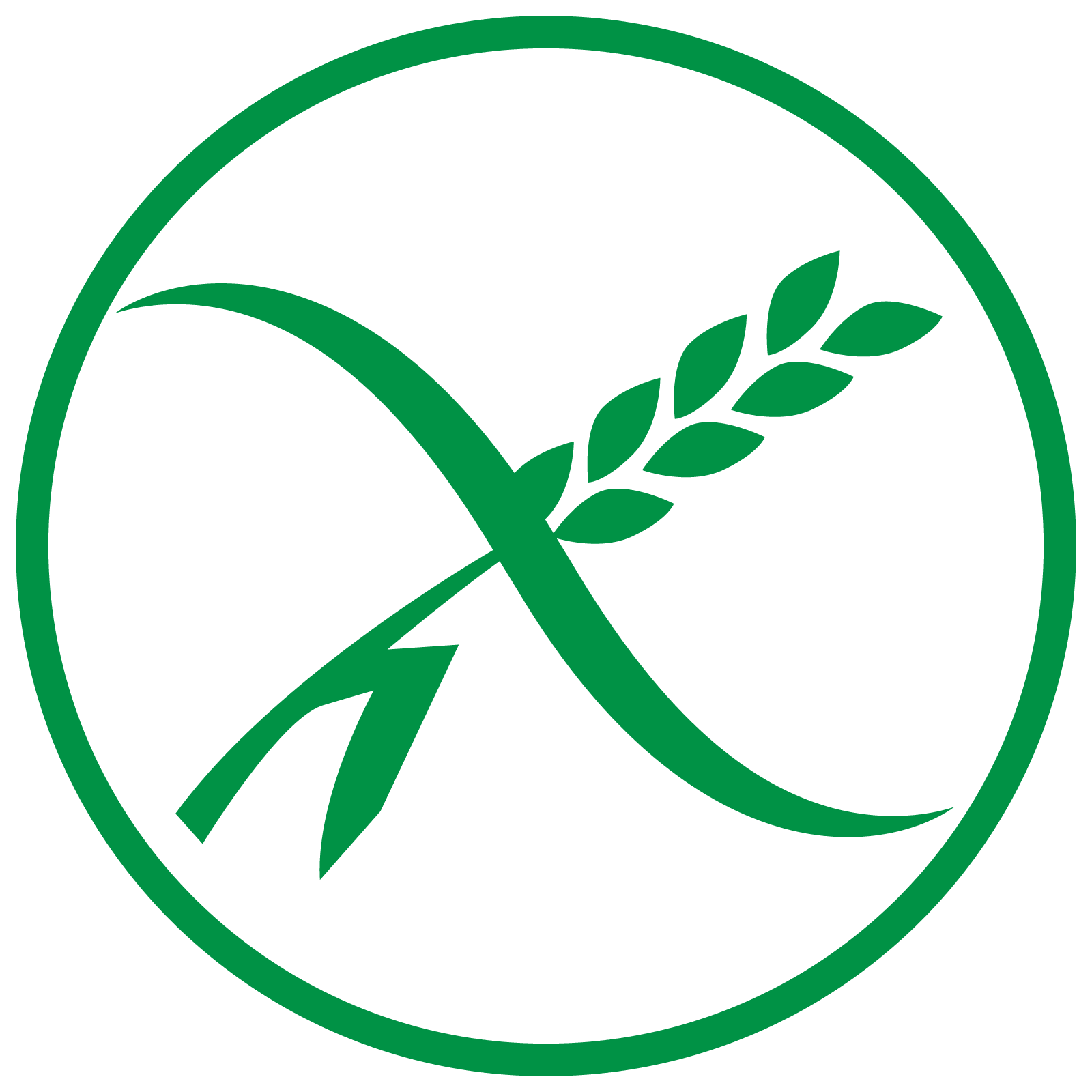 Grafika przedstawia certyfikowany znak  bezpiecznej żywności bezglutenowej. Widoczny jest zielony okrąg, w który wpisany jest przekreślony zielony kłos zboża.
