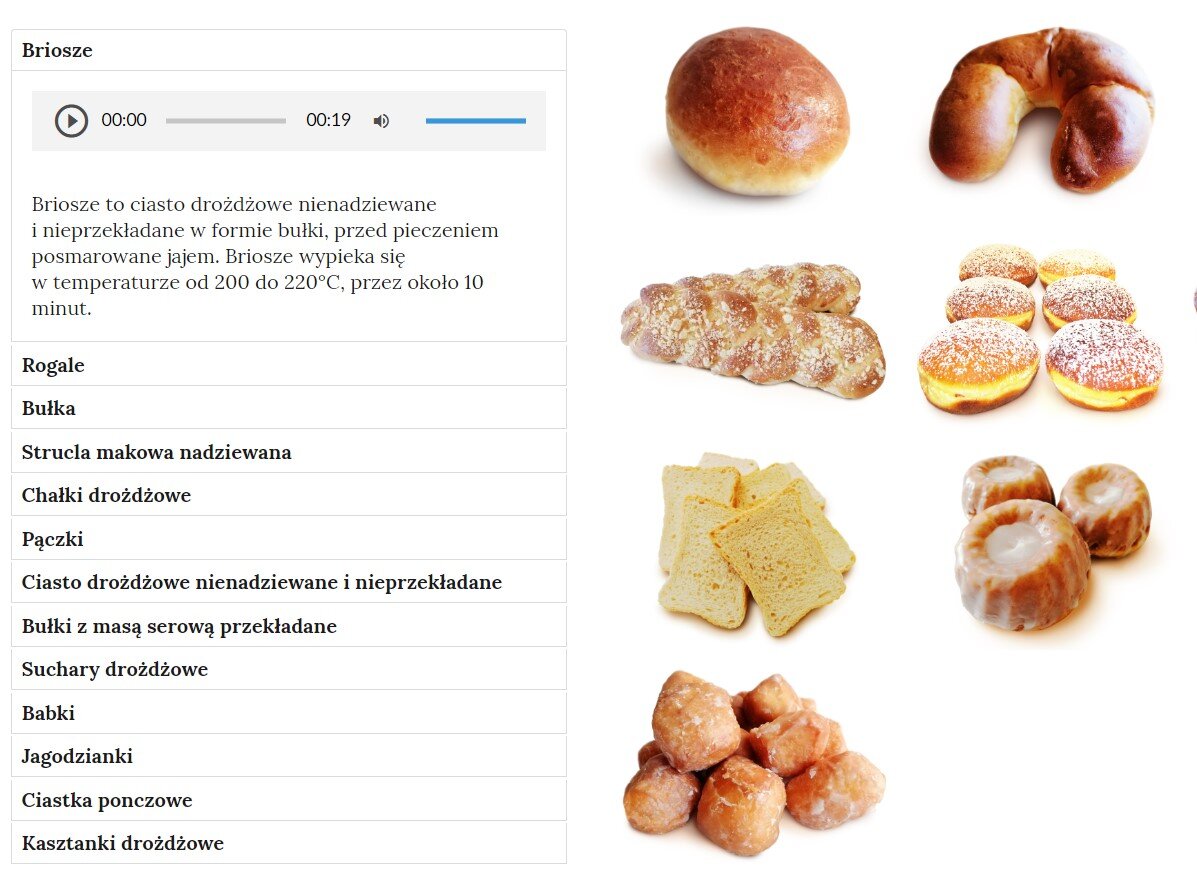 Widok ekranu galerii zdjęć. Zdjęcie przedstawia po prawej stronie fotografie wyrobów z ciasta drożdżowego, zaś po lewej stronie opis oraz audio.
