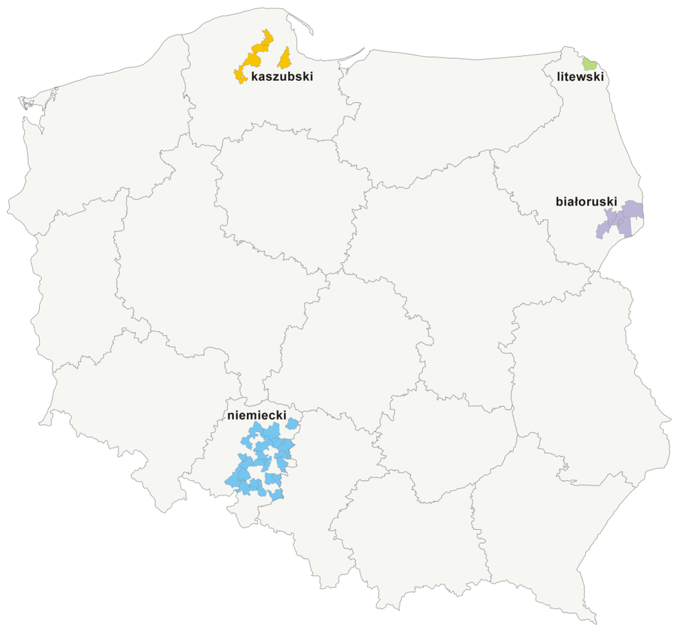Grafika przedstawia mapę Polski z zaznaczonymi gminami, w których wprowadzono język mniejszości jako język pomocniczy. Kaszubski w pomorskim, litewski i białoruski w podlaskim, niemiecki w śląskim.