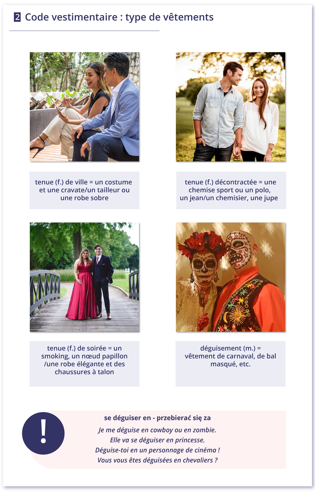 Ilustracja przedstawia opisy czterech typów strojów na spotkania towarzyskie wraz z przykładowymi zdjęciami. 