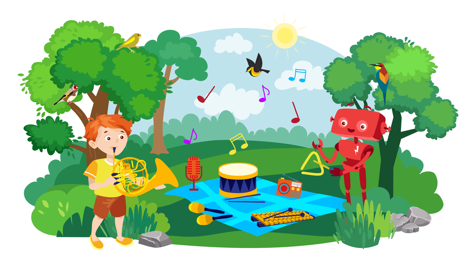 Ilustracja przedstawia rozległy teren porośnięty zielenią. W tle widać błękitne niebo ze słońcem i jasnymi chmurami. Po lewej stronie rośnie duże drzewo liściaste, na którym siedzą dwa ptaki. Jeden z nich ma biały brzuszek, żółto‑czarne skrzydła, czerwone upierzenie na głowie i brązowe na grzbiecie oraz pod skrzydłami. Jest to szczygieł. Drugi ptak ma żółto‑zielone upierzenie. Tym ptakiem jest dzwoniec. Po prawej stronie rośnie drugie, nieco mniejsze drzewo liściaste. Siedzi na nim ptak, który ma czerwone upierzenie na głowie, pomarańczowe na grzbiecie, turkusowe na skrzydłach i żółte na szyi – żołna. Pomiędzy drzewami leci czwarty ptak, o czarno‑żółtym upierzeniu – wilga. Poniżej drzew znajdują się pojedyncze krzewy, kępki traw i szare kamienie. Na środku, na pierwszym planie, jest rozłożony niebieski koc w kratę. Są na nim różne przedmioty. Po lewej stronie stoi czerwony mikrofon, a obok niego żółto‑granatowy bęben z granatowymi pałeczkami. Dalej na prawo jest małe czerwone radio z antenką. Niżej leżą żółto‑granatowe marakasy oraz dzwonki z granatowymi pałeczkami. Po lewej stronie koca stoi na trawie Franek. W rękach trzyma złoty puzon, na którym gra. Po prawej stronie koca stoi uśmiechnięty Zgrzytek. Jest to czerwony robot o prostokątnej głowie z krótkimi antenkami zamiast uszu, dwiema rękami i dwiema nogami. Na przedniej części jego tułowia widnieje biały znaczek w postaci błyskawicy. Zgrzytek gra na trzymanym w rękach trójkącie. Nad kocem unoszą się kolorowe nutki.