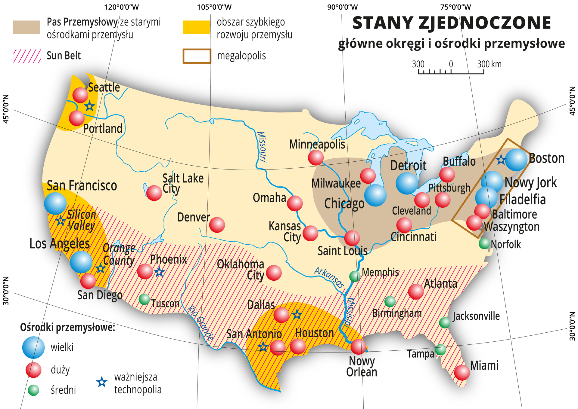 Ilustracja przedstawia mapę Stanów Zjednoczonych Ameryki Północnej. Kolorami wyróżniono Pas Przemysłowy ze starymi ośrodkami przemysłu w północno‑wschodniej części kraju (Minneapolis, Chicago, Detroit, Waszyngton, Baltimore, Filadelfia, Nowy Jork, Boston) i obszary szybkiego rozwoju przemysłu na zachodnim wybrzeżu i południu kraju (Portland, Seattle, San Francisco, Los Angeles, Dallas, Houston, Nowy Orlean). Miasta oznaczono kolorowymi sygnaturami uwzględniającymi wielkość ośrodków, powyższe miasta zaliczane są do wielkich i dużych ośrodków przemysłowych. Południową część Stanów Zjednoczonych zakreskowano, wydzielając pas Sun Belt, charakteryzujący się wysokimi temperaturami. W legendzie opisano kolory i znaki użyte na mapie.