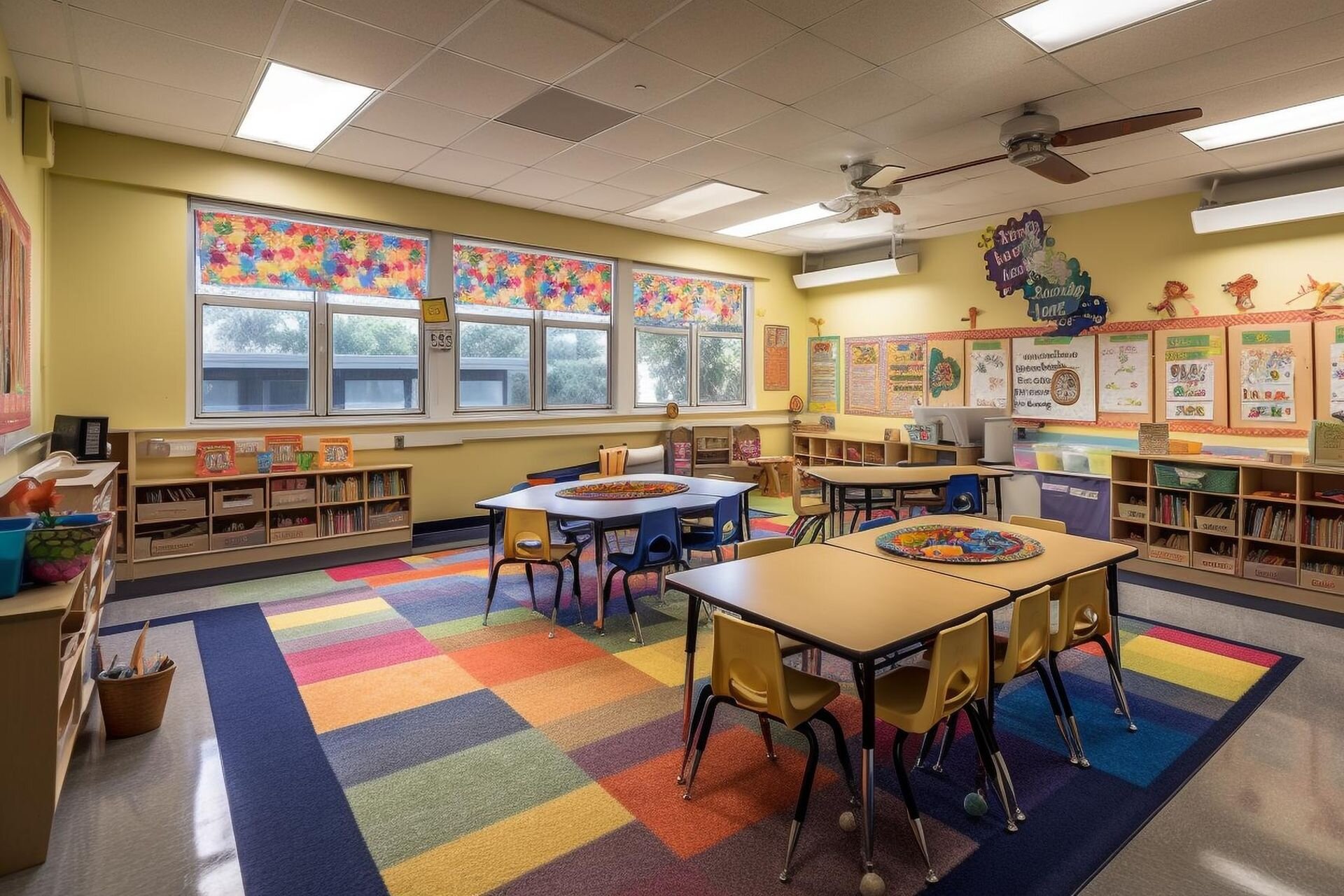 Ilustracja przedstawia kolorowe pomieszczenie – małe stoliki z krzesełkami na środku sali, podłogi wyłożone kolorowym dywanem i półeczki rozlokowane wokół pomieszczenia przy ścianie. 