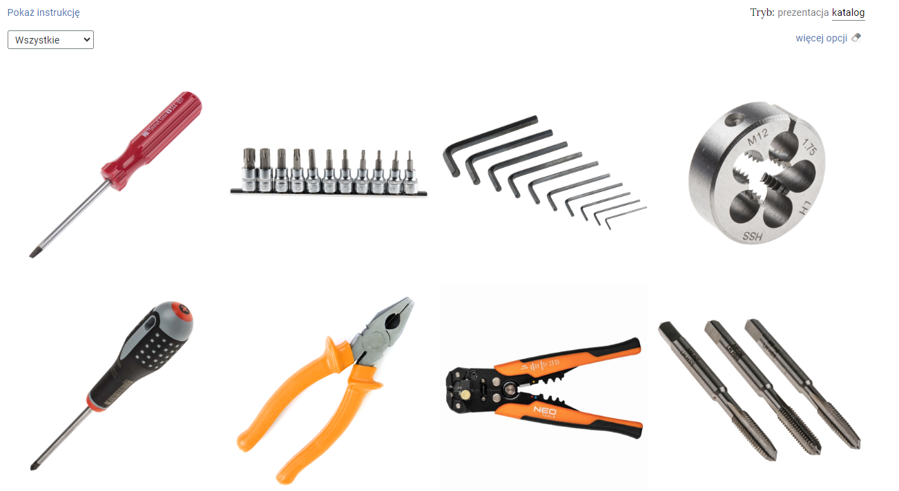 Ilustracja przedstawia przykładowy widok galerii zdjęć. Na podglądzie znajdują się, ułożone obok siebie, miniatury zdjęć przedstawiające rodzaje czujników w systemach energetyki odnawialnej.