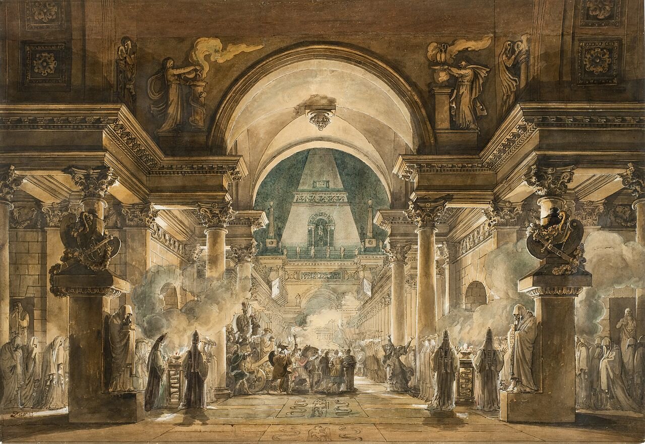 Orszak pogrzebowy Agamemnona Źródło: Louis Jean Desprez, Orszak pogrzebowy Agamemnona, 1787, akwarela i gwasz, Los Angeles County Museum of Art, domena publiczna.