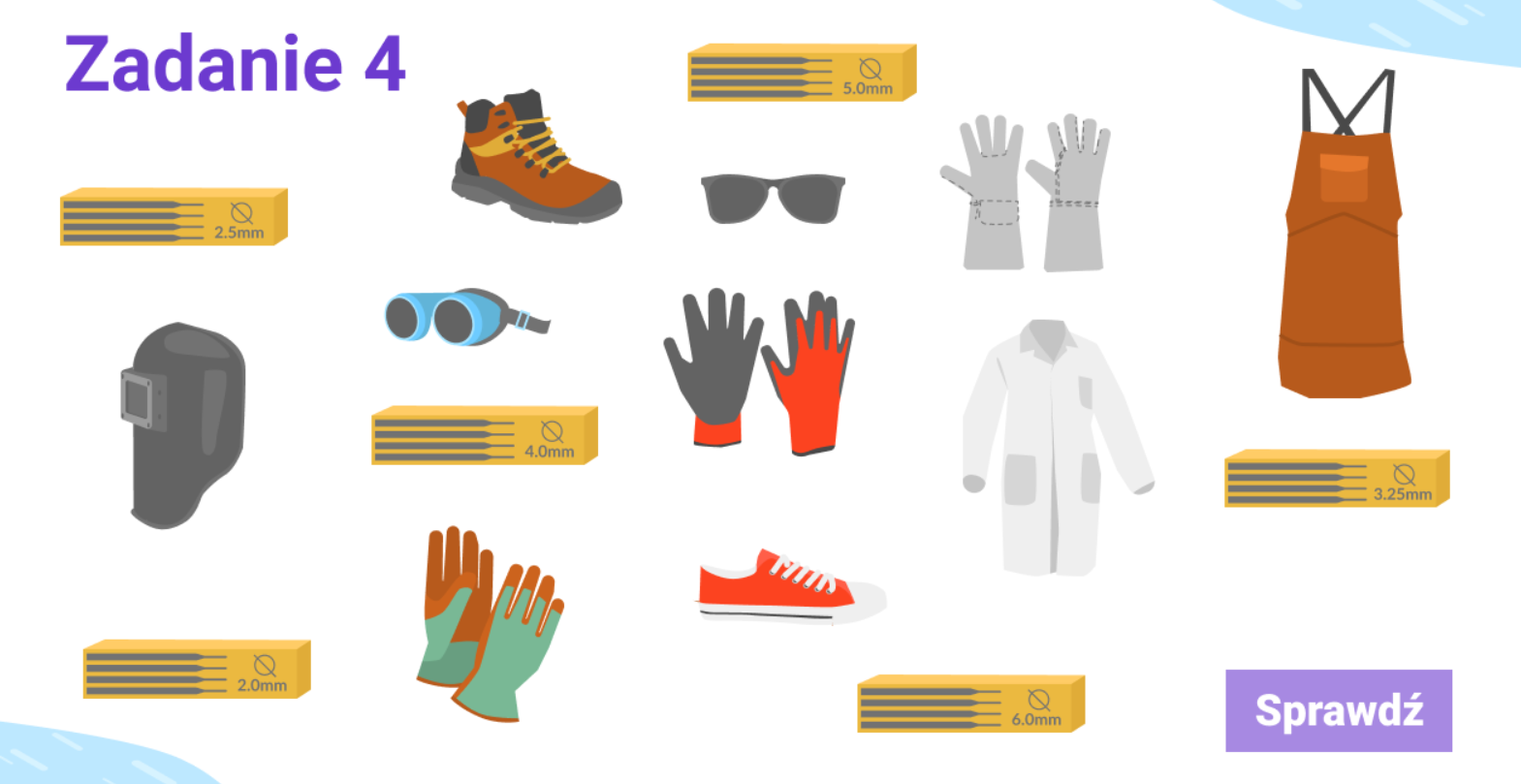 Grafika przedstawia ekran zadania czwartego gry edukacyjnej. Widoczne są na nim różne przedmioty. Zadaniem gracza jest wybranie tych, które przydadzą się podczas spawania elektrycznego.