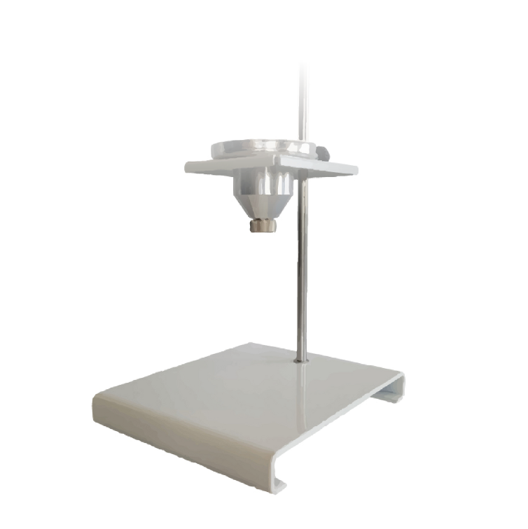 Ilustracja przedstawia wiskozymetr. Zbudowany jest on z podstawy i umieszczonego na statywie aluminiowego kubka przypominającego kształtem lejek. Na jego końcu znajduje się niewielka, owalna dysza.