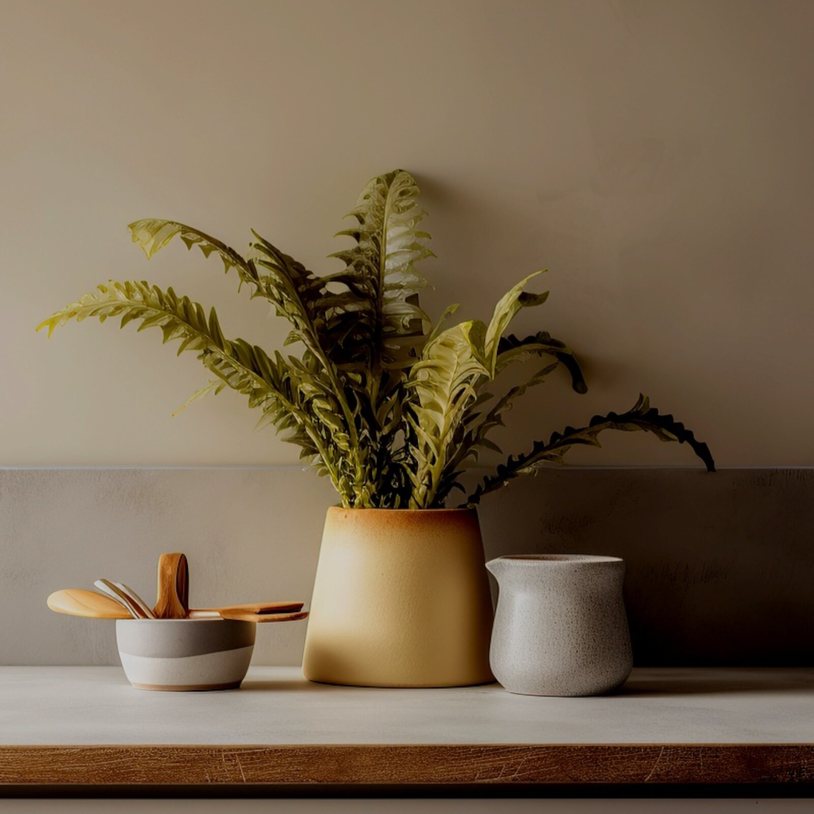 Zdjęcie przedstawia trzy ceramiczne naczynia, ustawione blisko siebie. Naczynie po lewej jest niskie i posiada drewniane elementy. Środkowe naczynie do doniczka, w której umieszczono paproć. Naczynie po prawej ma dziubek w kształcie lejka. Światło pada z lewej strony.