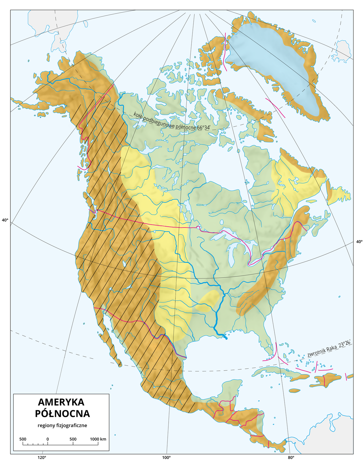 Mapa podglądowa Ameryki Północnej, w lewym dolnym rogu w ramce napis: Ameryka Północna, regiony fizjograficzne pod napisem skala liniowa. Na mapę została naniesiona siatka kartograficzna z opisanymi wartościami południków i równoleżników co dwadzieścia stopni. Zachodnia część od góry do dołu kontynentu została zaznaczona kolorem brązowym, na ten obszar naniesiono ukośne odcinki, zaraz obok w środkowej części obszar zaznaczony kolorem żółtym, następnie większość terenu kolorem zielonym. Obszary koloru brązowego również znajdują się północno wschodniej części oraz w południowo zachodniej.