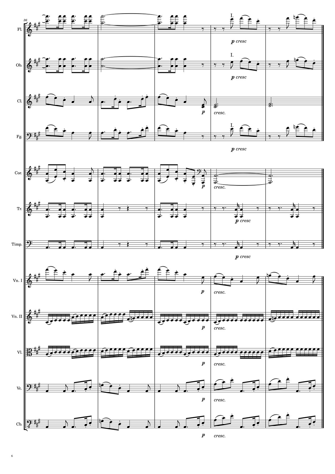 Ilustracja przedstawia część szóstą partytury Sonaty A‑dur nr 4 Op. 92: W partii fletów w trzydziestym szóstym takcie na pierwszą miarę zapisano ósemkę z kropką cis oraz a, przedłużoną z poprzedniego taktu. Dalej grane są dokładnie te same dźwięki: najpierw jako szesnastka, dalej jako ósemka, ósemka z kropką, szesnastka i ponownie ósemka. W takcie trzydziestym siódmym grana jest półnuta z kropką‑oktawa a, przedłużona do taktu kolejnego. W trzydziestym ósmym takcie na pierwszą miarę zapisano ósemkę z kropką‑oktawę a, przedłużoną z poprzedniego taktu; dalej grana jest szesnastka‑oktawa a, ósemka‑oktawa a oraz ćwierćnuta‑oktawa a na czwartą miarę, a na miarę szóstą zapisano pauzę ósemkową. W takcie trzydziestym dziewiątym na początku zapisano dwie pauzy ósemkowe, a dalej ósemkę e, ósemki fis oraz e jako jedną frazę oraz ósemkę cis z artykulacją staccato [czytaj: stakkato]. Na trzecią miarę zaznaczono zmianę dynamiki na piano [czytaj: pjano], a od miary czwartej crescendo [czytaj: kreszendo]. W czterdziestym takcie na pierwszą miarę zapisano dwie pauzy ósemkowe, następnie na miarę trzecią ósemkę fis, na miary czwartą i piątą ósemki g oraz fis jako jedną frazę, a na szóstą miarę ósemkę d z artykulacją staccato [czytaj: stakkato]. W partii obojów w trzydziestym szóstym takcie na pierwszą miarę zapisano ósemkę z kropką‑oktawę a, przedłużoną z poprzedniego taktu. Dalej grana jest ponownie ta sama oktawa: najpierw jako szesnastka, dalej jako ósemka, ósemka z kropką, szesnastka i ponownie ósemka. W takcie trzydziestym siódmym grana jest półnuta z kropką‑oktawa a, przedłużona do taktu kolejnego. W trzydziestym ósmym takcie na pierwszą miarę zapisano ósemkę z kropką‑oktawę a, przedłużoną z poprzedniego taktu; dalej grana jest szesnastka‑oktawa a, ósemka‑oktawa a oraz ćwierćnuta‑oktawa a na czwartą miarę, a na miarę szóstą zapisano pauzę ósemkową. W takcie trzydziestym dziewiątym na początku zapisano dwie pauzy ósemkowe, a dalej ósemkę e, ósemki fis oraz e jako jedną frazę oraz ósemkę cis z artykulacją staccato [czytaj: stakkato]. Na trzecią miarę zaznaczono zmianę dynamiki na piano [czytaj: pjano], a od miary czwartej crescendo [czytaj: kreszendo]. W czterdziestym takcie na pierwszą miarę zapisano dwie pauzy ósemkowe, następnie na miarę trzecią ósemkę fis, na miary czwartą i piątą ósemki g oraz fis jako jedną frazę, a na szóstą miarę ósemkę d z artykulacją staccato [czytaj: stakkato]. W partii klarnetów w takcie trzydziestym szóstym na pierwszą miarę zapisano ósemki fis oraz e jako jedną frazę, dalej ósemkę cis z artykulacją staccato [czytaj: stakkato], ćwierćnutę a oraz ósemkę a. W takcie trzydziestym siódmym na pierwszą miarę grana jest ósemka z kropką a, dalej szesnastka d z artykulacją staccato [czytaj: stakkato], ósemka a z artykulacją staccato [czytaj: stakkato] następnie na czwartą miarę ósemka z kropką a, szesnastka d z artykulacją staccato [czytaj: stakkato] oraz ósemka fis z artykulacją staccato [czytaj: stakkato]. W trzydziestym ósmym takcie na pierwszą miarę zapisano ósemki fis oraz e jako jedną frazę, dalej ósemkę cis z artykulacją staccato [czytaj: stakkato], ćwierćnutę a oraz ósemkę, złożoną z dźwięków cis oraz e z dynamiką piano [czytaj: pjano]. W takcie trzydziestym dziewiątym grana jest półnuta z kropką cis oraz e z crescendem [czytaj: kreszendem]. W czterdziestym takcie zapisano półnutę z kropką, złożoną z dźwięków d oraz fis. W partii fagotów w takcie trzydziestym szóstym na pierwszą miarę zapisano ósemki fis oraz e jako jedną frazę, dalej ósemkę cis z artykulacją staccato [czytaj: stakkato], ćwierćnutę a oraz ósemkę a. W takcie trzydziestym siódmym na pierwszą miarę grana jest ósemka z kropką a, dalej szesnastka d z artykulacją staccato [czytaj: stakkato], ósemka a z artykulacją staccato [czytaj: stakkato] następnie na czwartą miarę ósemka z kropką a, szesnastka d z artykulacją staccato [czytaj: stakkato] oraz ósemka fis z artykulacją staccato [czytaj: stakkato]. W trzydziestym ósmym takcie na pierwszą miarę zapisano ósemki fis oraz e jako jedną frazę, dalej ósemkę cis z artykulacją staccato [czytaj: stakkato], ćwierćnutę a oraz pauzę ósemkową. W takcie trzydziestym dziewiątym grana jest półnuta z kropką cis oraz e z crescendem [czytaj: kreszendem]. W czterdziestym takcie na pierwszą miarę zapisano dwie pauzy ósemkowe, następnie na miarę trzecią ósemkę fis, na miary czwartą i piątą ósemki g oraz fis jako jedną frazę, a na szóstą miarę ósemkę d z artykulacją staccato [czytaj: stakkato]. W partii waltorni w trzydziestym szóstym takcie grane są oktawy: na pierwszą miarę ósemka a oraz ósemka e jako jedna fraza, dalej ósemka cis z artykulacją staccato [czytaj: stakkato], ćwierćnuta a oraz ósemka a. W takcie trzydziestym siódmym wszystkie dźwięki to oktawa a; grane są kolejno: ósemka z kropką, szesnastka oraz ósemka, a następnie ponownie ósemka z kropką, szesnastka oraz ósemka. W trzydziestym ósmym takcie wszystkie dźwięki to oktawy; na pierwszą miarę grane są ósemka a oraz ósemka e jako jedna fraza, dalej ósemka cis z artykulacją staccato [czytaj: stakkato], ósemka a z artykulacją staccato [czytaj: stakkato], ósemka e z artykulacją staccato [czytaj: stakkato]. Na szóstą miarę następuje zmiana klucza na basowy i grana jest ósemka a z dynamiką piano [czytaj: pjano]. W takcie trzydziestym dziewiątym grana jest półnuta z kropką‑oktawa a, z zaznaczonym crescendem [czytaj: kreszendem] oraz przedłużeniem do kolejnego taktu. W czterdziestym takcie zapisano wyłącznie przedłużoną z taktu poprzedniego oktawę a. W partii trąbek w takcie trzydziestym szóstym kontynuowany jest motyw wprowadzony w takcie dwudziestym siódmym, oparty na granej w oktawie nucie a; są to ósemka z kropką, szesnastka i ponownie ósemka. Motyw powtarza się dwa razy w takcie. W trzydziestym siódmym takcie zapisano wyłącznie ćwierćnutę‑oktawę a. W takcie trzydziestym ósmym wszystkie dźwięki to oktawa a; najpierw grany jest motyw z taktu trzydziestego szóstego, czyli ósemka z kropką, szesnastka i ponownie ósemka, a następnie ćwierćnuta. Dalej zapisano pauzę ósemkową. W takcie trzydziestym dziewiątym na początku zaznaczono pauzę ósemkową oraz ósemkową z kropką, dalej szesnastkę‑oktawę a oraz ćwierćnutę‑oktawę a, a następnie pauzę ósemkową. Pod szesnastką zapisano dynamikę piano [czytaj: pjano], a na czwartą miarę crescendo [czytaj: kreszendo]. W czterdziestym takcie na początku zaznaczono pauzę ósemkową oraz ósemkową z kropką, dalej szesnastkę‑oktawę a oraz ćwierćnutę‑oktawę a, a następnie pauzę ósemkową. W partii kotłów w takcie trzydziestym szóstym kontynuowany jest motyw wprowadzony w takcie dwudziestym siódmym, oparty na nucie a; są to ósemka z kropką, szesnastka i ponownie ósemka. Motyw powtarza się dwa razy w takcie. W trzydziestym siódmym takcie zapisano wyłącznie ćwierćnutę a. W takcie trzydziestym ósmym wszystkie dźwięki to a; najpierw grany jest motyw z taktu trzydziestego szóstego, czyli ósemka z kropką, szesnastka i ponownie ósemka, a następnie ćwierćnuta. Dalej zapisano pauzę ósemkową. W takcie trzydziestym dziewiątym na początku zaznaczono pauzę ósemkową oraz ósemkową z kropką, dalej szesnastkę a oraz ćwierćnutę a, a następnie pauzę ósemkową. Pod szesnastką zapisano dynamikę piano [czytaj: pjano], a na czwartą miarę crescendo [czytaj: kreszendo]. W czterdziestym takcie na początku zaznaczono pauzę ósemkową oraz ósemkową z kropką, dalej szesnastkę a oraz ćwierćnutę a, a następnie pauzę ósemkową. W partii pierwszych skrzypiec w takcie trzydziestym szóstym na pierwszą miarę zapisano ósemki fis oraz e jako jedną frazę, dalej ósemkę cis z artykulacją staccato [czytaj: stakkato], ćwierćnutę a oraz ósemkę a. W takcie trzydziestym siódmym na pierwszą miarę grana jest ósemka z kropką a, dalej szesnastka d z artykulacją staccato [czytaj: stakkato], ósemka a z artykulacją staccato [czytaj: stakkato] następnie na czwartą miarę ósemka z kropką a, szesnastka d z artykulacją staccato [czytaj: stakkato] oraz ósemka fis z artykulacją staccato [czytaj: stakkato]. W trzydziestym ósmym takcie na pierwszą miarę zapisano ósemki fis oraz e jako jedną frazę, dalej ósemkę cis z artykulacją staccato [czytaj: stakkato], ćwierćnutę a oraz ósemkę e e z dynamiką piano [czytaj: pjano]. W takcie trzydziestym dziewiątym na pierwszą miarę grane są dwie ósemki: fis oraz e jako jedna fraza, dalej ósemka cis z artykulacją staccato [czytaj: stakkato], a następnie ćwierćnuta a oraz ósemka e. Pod taktem zapisano crescendo [czytaj: kreszendo]. W czterdziestym takcie na pierwszą miarę grane są dwie ósemki: g oraz fis jako jedna fraza, dalej ósemka d z artykulacją staccato [czytaj: stakkato], a następnie ćwierćnuta a oraz ósemka fis. W partii drugich skrzypiec w takcie trzydziestym szóstym wszystkie dźwięki to szesnastki. Na pierwszą miarę zapisano cis oraz d jako jedną frazę, a następnie cztery razy e; na czwartą miarę a i h są jako jedna fraza, a dalej grane jest cztery razy cis. W takcie trzydziestym siódmym ponownie wszystkie dźwięki to szesnastki. Na pierwszą miarę zapisano a oraz cis jako jedną frazę, a dalej cztery razy d; na czwartą miarę grane jest fis oraz g jako jedna fraza, a następnie cztery razy a. W takcie trzydziestym ósmym również wszystkie dźwięki to szesnastki. Na pierwszą miarę zapisano cis oraz d jako jedną frazę, a następnie cztery razy e; na czwartą miarę jest dokładnie tak samo, czyli najpierw cis oraz d jako jedna fraza, a dalej e zagrane cztery razy. Na szóstą miarę zapisano zmianę dynamiki na piano [czytaj: pjano]. W takcie trzydziestym dziewiątym zapisano crescendo [czytaj: kreszendo]. Na pierwszą miarę zapisano szesnastki cis oraz d jako jedną frazę, a dalej dziesięć szesnastek e. W czterdziestym takcie na pierwszą miarę grane są szesnastki fis oraz g jako jedna fraza, a następnie dziesięć razy szesnastka a. W partii altówek w takcie trzydziestym szóstym wszystkie dźwięki to szesnastki. Na pierwszą miarę zapisano a oraz h jako jedną frazę, a następnie cztery razy cis; na czwartą miarę cis i d są jako jedna fraza, a dalej grane jest cztery razy cis e W takcie trzydziestym siódmym ponownie wszystkie dźwięki to szesnastki. Na pierwszą miarę zapisano d oraz e jako jedną frazę, a dalej cztery razy fis; na czwartą miarę ponownie grane jest d oraz e jako jedna fraza, a następnie cztery razy fis. W takcie trzydziestym ósmym również wszystkie dźwięki to szesnastki. Na pierwszą miarę zapisano a oraz h jako jedną frazę, a następnie cztery razy cis; na czwartą miarę jest dokładnie tak samo, czyli najpierw a oraz h jako jedna fraza, a dalej cis zagrane cztery razy. Na szóstą miarę zapisano zmianę dynamiki na piano [czytaj: pjano]. W takcie trzydziestym dziewiątym zapisano crescendo [czytaj: kreszendo]. Na pierwszą miarę zapisano szesnastki a oraz h jako jedną frazę, a dalej dziesięć szesnastek cis. W czterdziestym takcie na pierwszą miarę grane są szesnastki d oraz e jako jedna fraza, a następnie dziesięć razy szesnastka fis. W partii wiolonczeli w trzydziestym szóstym takcie na pierwszą miarę grana jest ćwierćnuta a, dalej ósemka a oraz ósemka z kropką a; następnie szesnastka cis z artykulacją staccato [czytaj: stakkato] oraz ósemka e z artykulacją staccato [czytaj: stakkato]. W takcie trzydziestym siódmym na pierwsze dwie miary zapisano ósemki g oraz fis jako jedną frazę, a dalej ósemkę d z artykulacją staccato [czytaj: stakkato], ćwierćnutę a oraz ósemkę a. W trzydziestym ósmym takcie na pierwszą miarę grana jest ćwierćnuta a, dalej ósemka a oraz ósemka z kropką a; następnie szesnastka cis z artykulacją staccato [czytaj: stakkato] oraz ósemka e z artykulacją staccato [czytaj: stakkato]. Pod szóstą miarą zapisano zmianę dynamiki na piano [czytaj: pjano]. W trzydziestym dziewiątym takcie na pierwszą miarę grane są jako jedna fraza ósemki a oraz cis, a dalej ósemka e z artykulacją staccato [czytaj: stakkato]. Na miarę czwartą wykonywana jest ósemka z kropką a, następnie szesnastka cis z artykulacją staccato [czytaj: stakkato] oraz ósemka e z artykulacją staccato [czytaj: stakkato]. Pod taktem zapisano crescendo [czytaj: kreszendo]. W czterdziestym takcie na pierwszą miarę grane są jako jedna fraza ósemki a oraz d, a dalej ósemka fis z artykulacją staccato [czytaj: stakkato]. Na miarę czwartą wykonywana jest ósemka z kropką a, następnie szesnastka d z artykulacją staccato [czytaj: stakkato] oraz ósemka fis z artykulacją staccato [czytaj: stakkato]. W partii kontrabasu w trzydziestym szóstym takcie na pierwszą miarę grana jest ćwierćnuta a, dalej ósemka a oraz ósemka z kropką a; następnie szesnastka cis z artykulacją staccato [czytaj: stakkato] oraz ósemka e z artykulacją staccato [czytaj: stakkato]. W takcie trzydziestym siódmym na pierwsze dwie miary zapisano ósemki g oraz fis jako jedną frazę, a dalej ósemkę d z artykulacją staccato [czytaj: stakkato], ćwierćnutę a oraz ósemkę a. W trzydziestym ósmym takcie na pierwszą miarę grana jest ćwierćnuta a, dalej ósemka a oraz ósemka z kropką a; następnie szesnastka cis z artykulacją staccato [czytaj: stakkato] oraz ósemka e z artykulacją staccato [czytaj: stakkato]. Pod szóstą miarą zapisano zmianę dynamiki na piano [czytaj: pjano]. W trzydziestym dziewiątym takcie na pierwszą miarę grane są jako jedna fraza ósemki a oraz cis, a dalej ósemka e z artykulacją staccato [czytaj: stakkato], następnie ósemka z kropką a, szesnastka cis z artykulacją staccato [czytaj: stakkato] oraz ósemka e z artykulacją staccato [czytaj: stakkato]. Pod taktem zapisano crescendo [czytaj: kreszendo]. W czterdziestym takcie na pierwszą miarę grane są jako jedna fraza ósemki a oraz d, a dalej ósemka fis z artykulacją staccato [czytaj: stakkato], a później, na miarę czwartą wykonywana jest ósemka z kropką a, następnie szesnastka d z artykulacją staccato [czytaj: stakkato] oraz ósemka fis z artykulacją staccato [czytaj: stakkato].