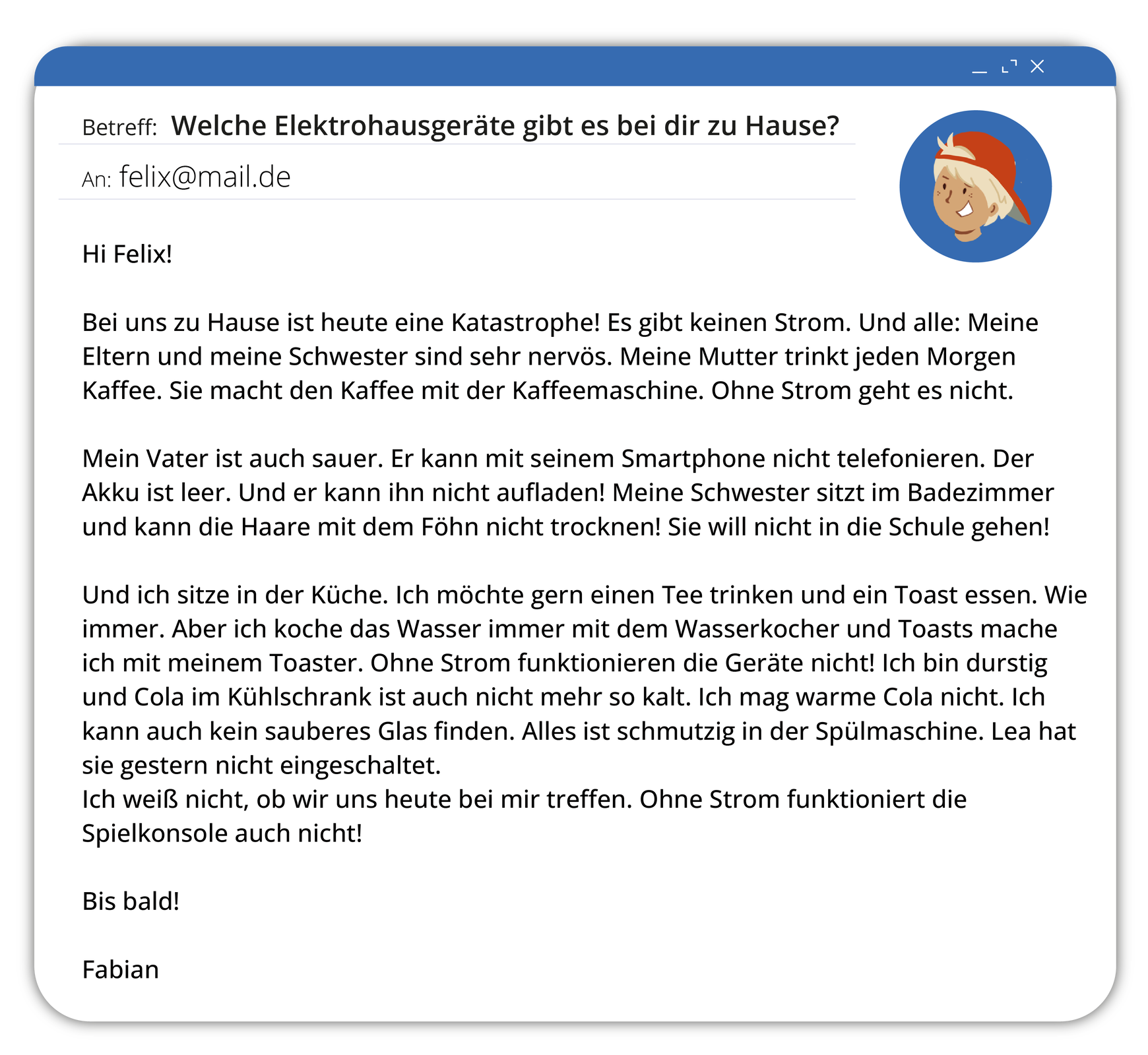 Ilustracja przedstawia interfejs poczty elektronicznej, gdzie widoczne jest okno z treścią wiadomości. Treść dostępna jest w transkrypcji poniżej.
