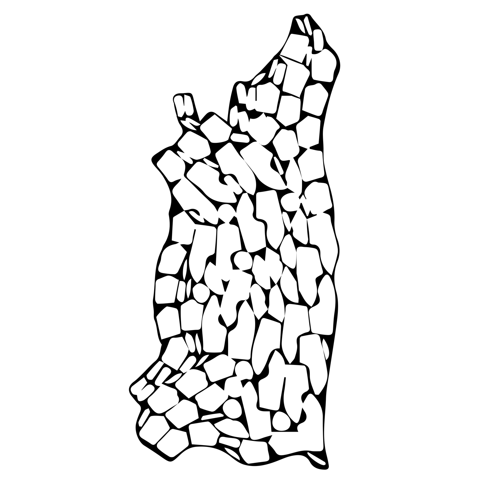 Rysunek przedstawia połówkę boksu bydlęcego i metodę kompleksową jej wycinania. Widoczny jest podłużny, nieregularny kształt wypełniony mniejszymi nieregularnymi kształtami. To wszystkie elementy – zarówno podstawowe (przyszwy i obłożyny), jak i pomocnicze (paski i podkrążki). Skóra jest pokryta wszystkimi wzornikami jednego wzoru obuwia. Odpad międzywzornikowy jest mały, nie ma odpadu użytecznego.