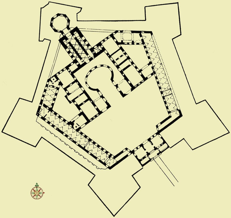 Ilustracja przedstawia plan Krzyżtoporu. Plan ruin powstałej w latach 1627–1644 rezydencji pałacowej otoczonej fortyfikacjami bastionowymi położonej w miejscowości Ujazd w województwie świętokrzyskim. Była to największa budowla pałacowa w Europie przed powstaniem Wersalu.