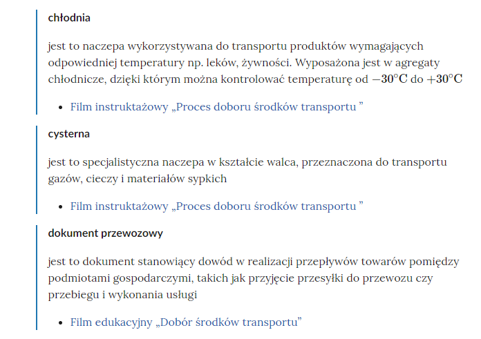 Grafika przedstawia kilka pojęć ze Słownika. Konstrukcja jest następująca: pojęcie, poniżej jego wyjaśnienie, a pod nim znajduje się link, po którego kliknięciu użytkownik przenosi się do rozdziału w tym materiale, w którym dane pojęcie jest wykorzystywane. Linków może być jeden lub kilka, w zależności od tego, w ilu rozdziałach użyto pojęcia.