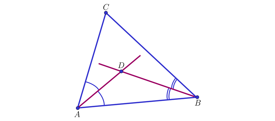 Ilustracja przedstawia trójkąt A B C.  Dwusieczne kątów A B C i B A C przecinają się w punkcie D.  Obie przecinające się półproste wraz z odcinkiem A B tworzą nowy mniejszy trójkąt A B D wewnątrz trójkąta A B C.