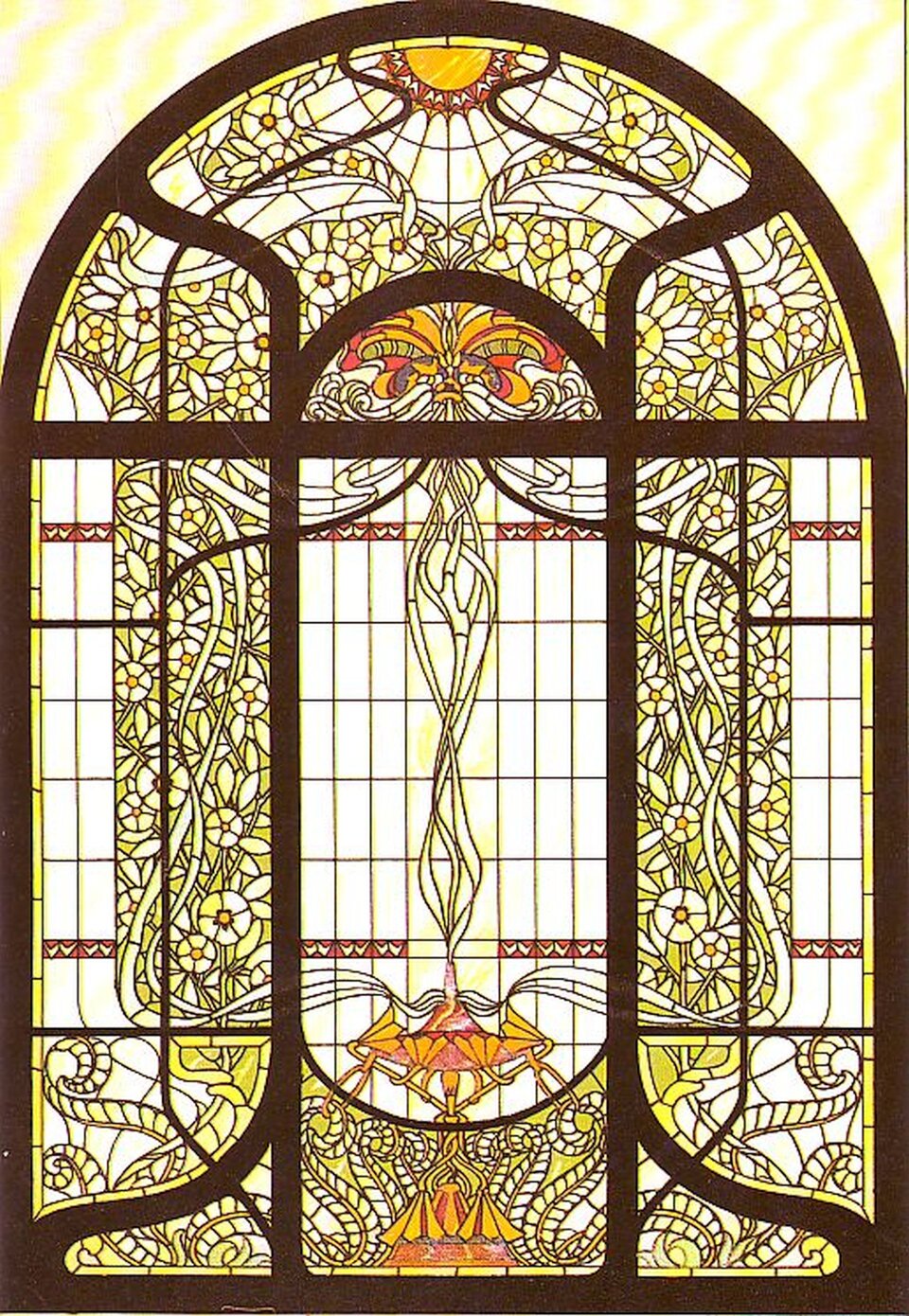 Ilustracja przedstawia pracę Lyongrüna. Jest to witraż w stylu secesyjnym. Dzieło pochodzi z 1900 roku. Na oknie widzimy liczne zdobienia oraz ornamenty. Są one w różnej kolorystyce. Witraż ma brązowe ramy. Autor dzieła opublikował serię wzorów sztuki dekoracyjnej oraz rzemiosła.