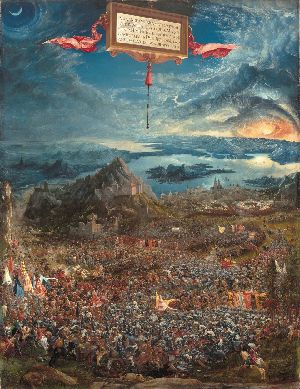 Ilustracja o kształcie pionowego prostokąta przedstawia obraz Albrechta Altdorfera „Bitwa Aleksandra Wielkiego z Dariuszem III pod Issos”. Ukazuje widok z góry na  pola walki. Na pierwszym olanie znajdują się wojska walczących stron.  Ciała wielu poległych żołnierzy leżą pod stopami. Front macedońskich wojowników w środku naciska na rozpadające się siły wroga, które uciekają z pola bitwy po lewej stronie. Król perski dołącza do swojej armii na rydwanie trzech koni i jest ścigany przez Aleksandra i jego mundurową kawalerię. Droga żołnierzy biegnie łagodnie opadającym polem bitwy do obozu wojskowego i pejzażu nad wodą. PO lewej stronie znajduje się Wieża Babel.  Wieżą Babel.  Dalej jest Morze Śródziemne z wyspami. Nad sceną unosi się niespokojne niebo. Pośrodku górnej części zamieszczona została tablica z tekstem, do której doczepione są dwie czerwone draperie.  