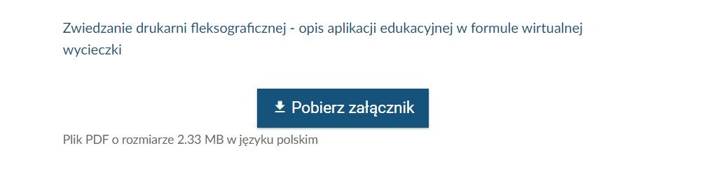 Grafika przedstawia prostokątny przycisk pobierania załącznika, składający się z ikony zawierającej z poziomą linie i znajdującej się nad nią strzałki skierowanej w dół oraz napisu Pobierz załącznik znajdującego się po prawej stronie od ikony. 