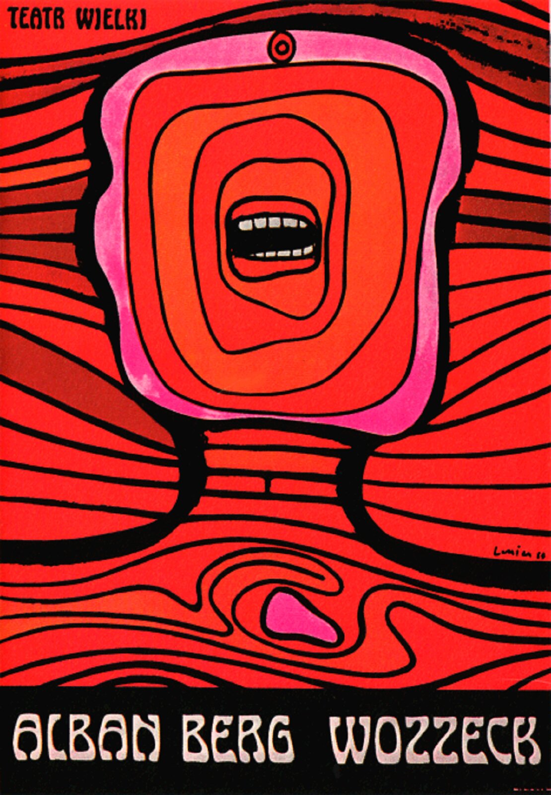 Ilustracja przedstawia plakat „ Wozzeck ”[czytaj: wocek], autorstwa Jana Lenicy. Na grafice utrzymanej w gamie czerwieni przy pomocy grubych czarnych linii została narysowana głowa i ramiona postaci. Pośrodku prostokątnej twarzy o falistych brzegach znajdują się otworzone usta z rzędami białych zębów. U góry głowy mieści się małe kółeczko. Postać nie ma ani oczu ani nosa. Tło kompozycji stanowią poziome, pofalowane, czarne linię na czerwonym tle. W lewym górnym rogu znajduje się napis „TEATR WIELKI”.