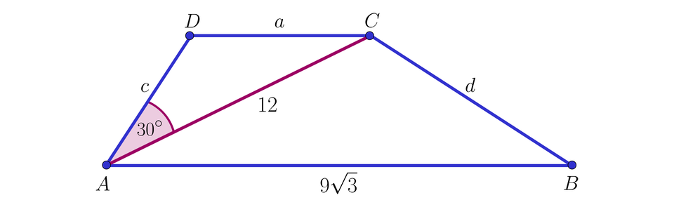Ilustracja przedstawia trapez ABCD o podstawach AB dziewięć pierwiastek kwadratowy z trzy koniec pierwiastka oraz CD o długości a. Ramiona mają długości c i d. Przekątna AC dzieli kąt przy wierzchołku A na dwa kąty o mierze 30 stopni. Przekątna ma długość dwanaście. 