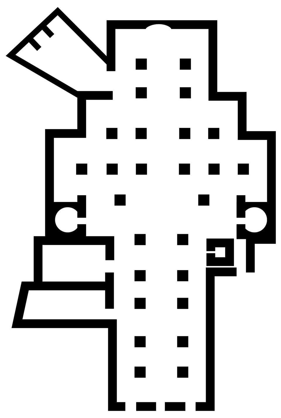 Ilustracja o kształcie pionowego prostokąta przedstawia schemat planu Katedry w Sienie. Obrysowany jest ciemnym konturem na białym tle. Plan posiada kształt krzyża łacińskiego. Zostały na nim zaznaczone: wieże, kaplica i dostawione budowle. Prezbiterium jest prosto zamknięte.  