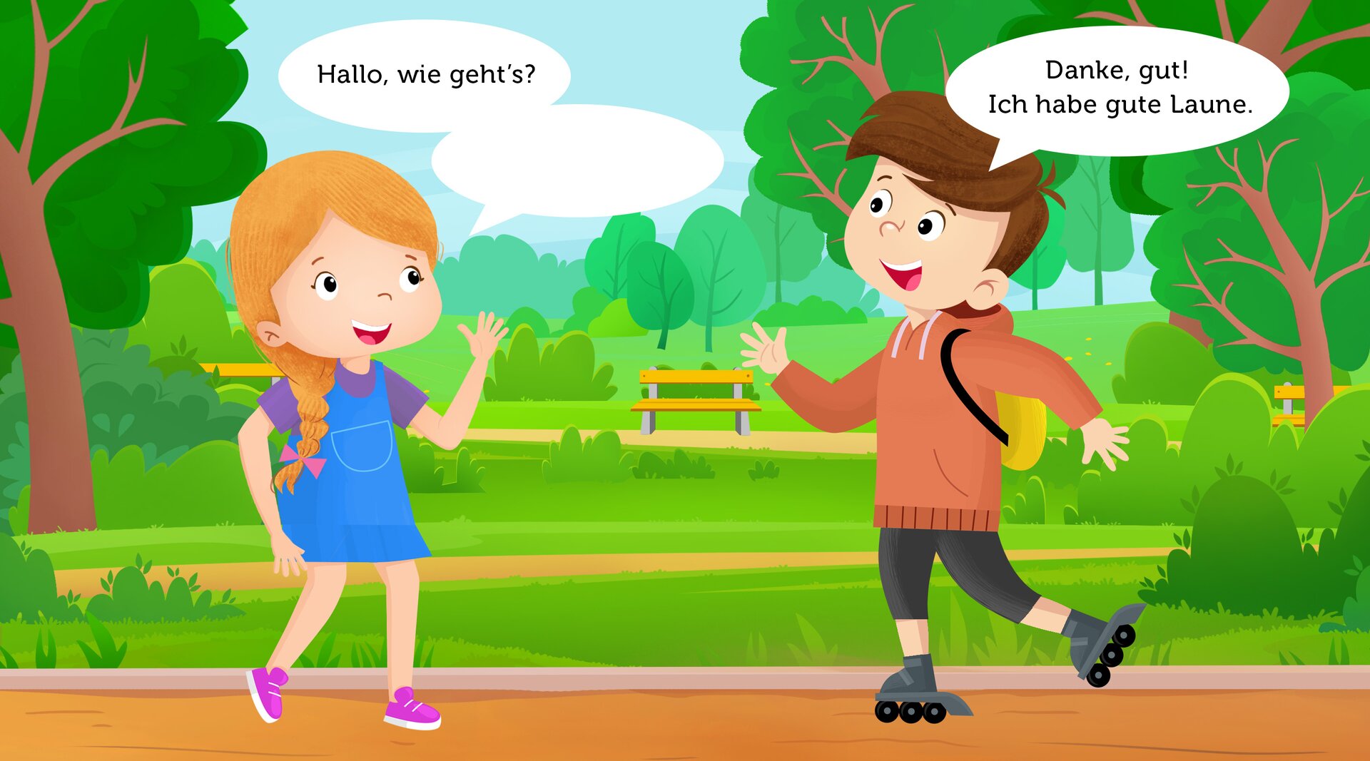 Ilustracja przedstawia chłopca i dziewczynkę rozmawiających w parku.